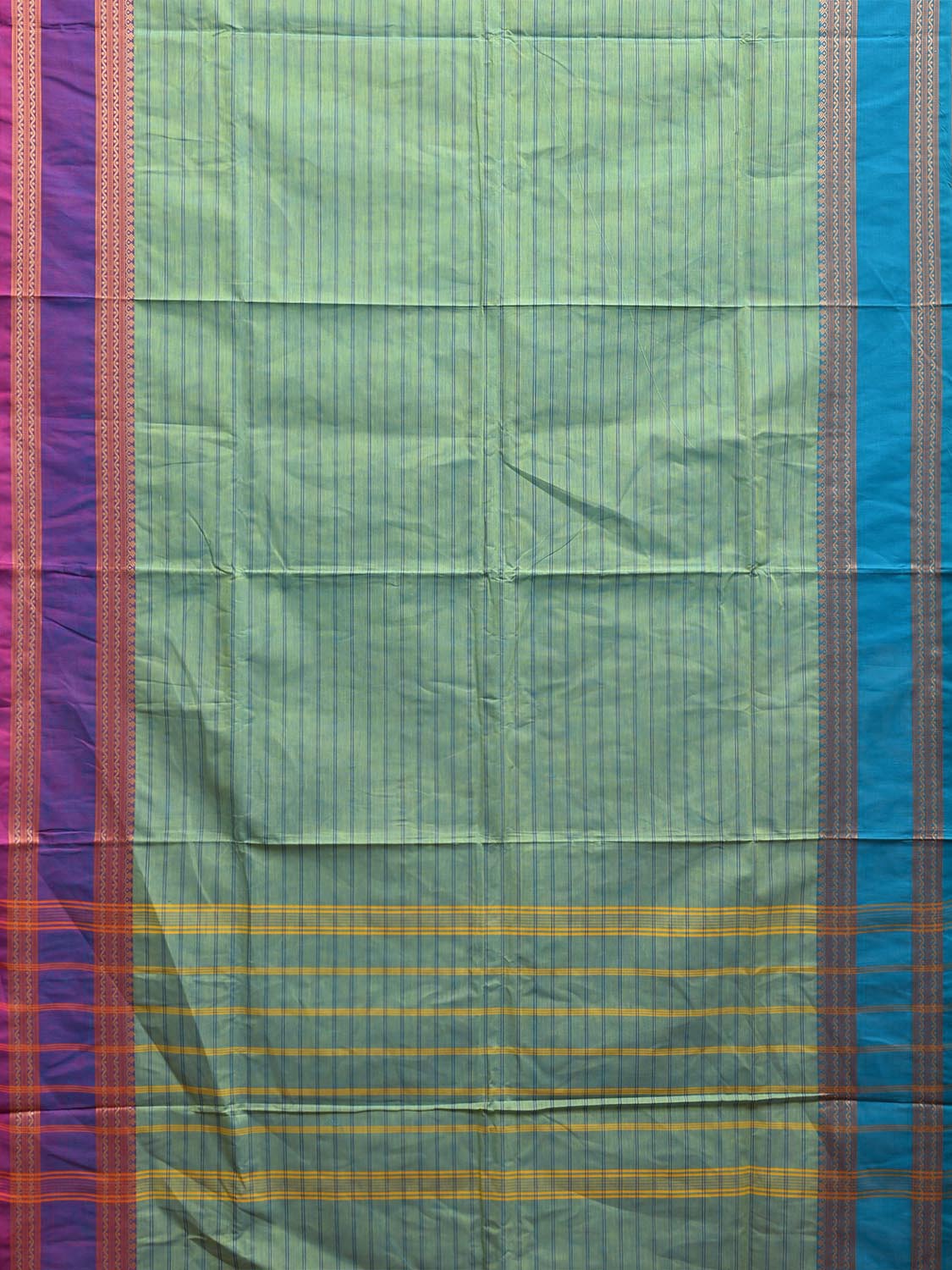 Turquoise Kanchipuram Cotton Saree with Strips and Ganga-Jamuna Border Design k0784