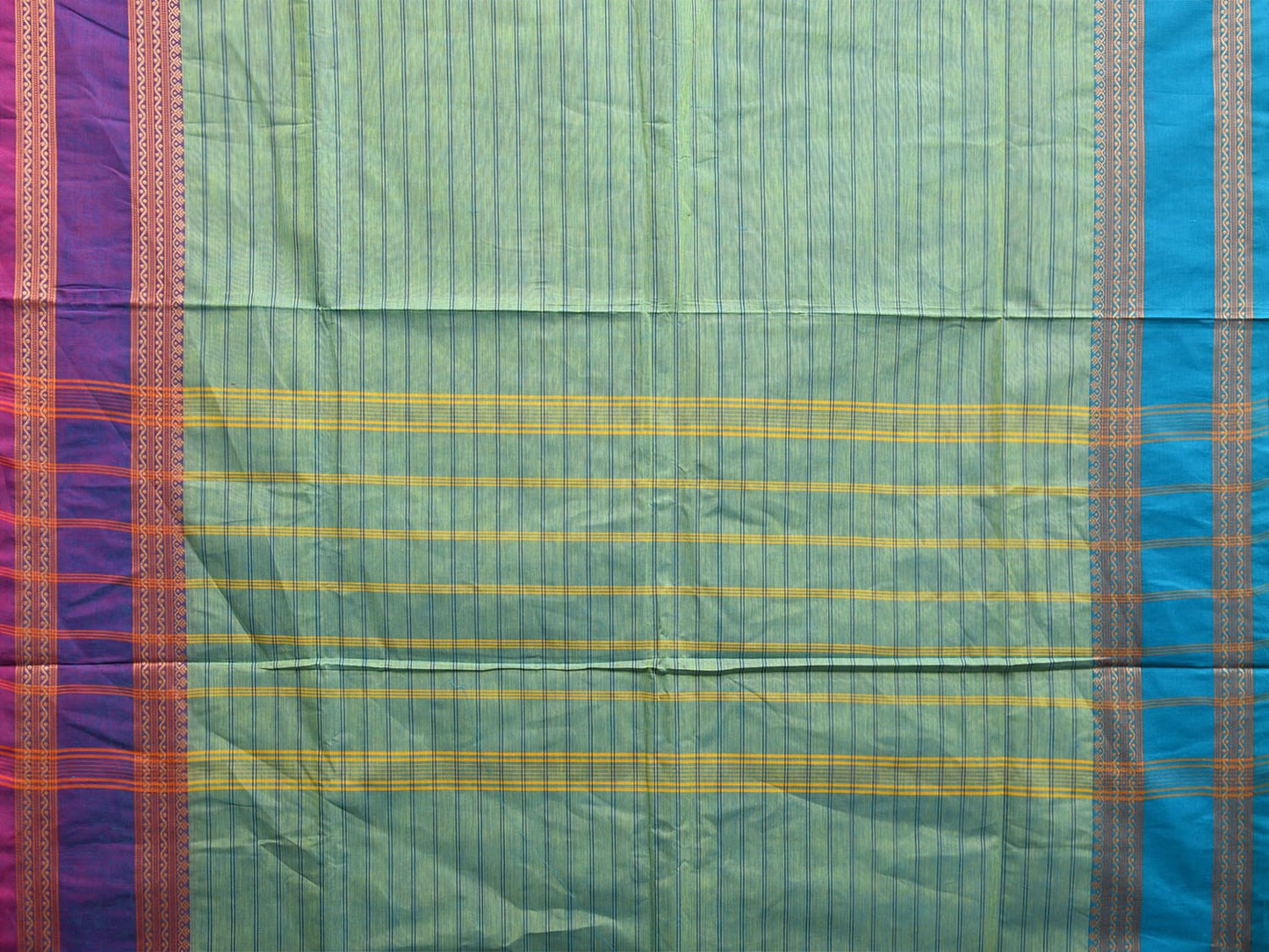 Turquoise Kanchipuram Cotton Saree with Strips and Ganga-Jamuna Border Design k0784