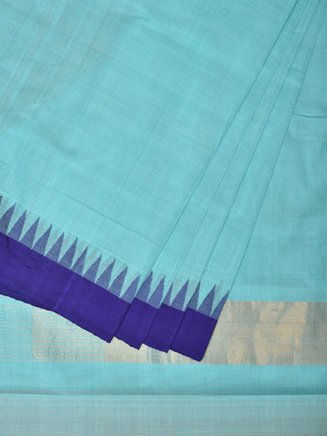 Turquoise Khadi Cotton Handloom Plain Saree with Temple Border Design kh0611