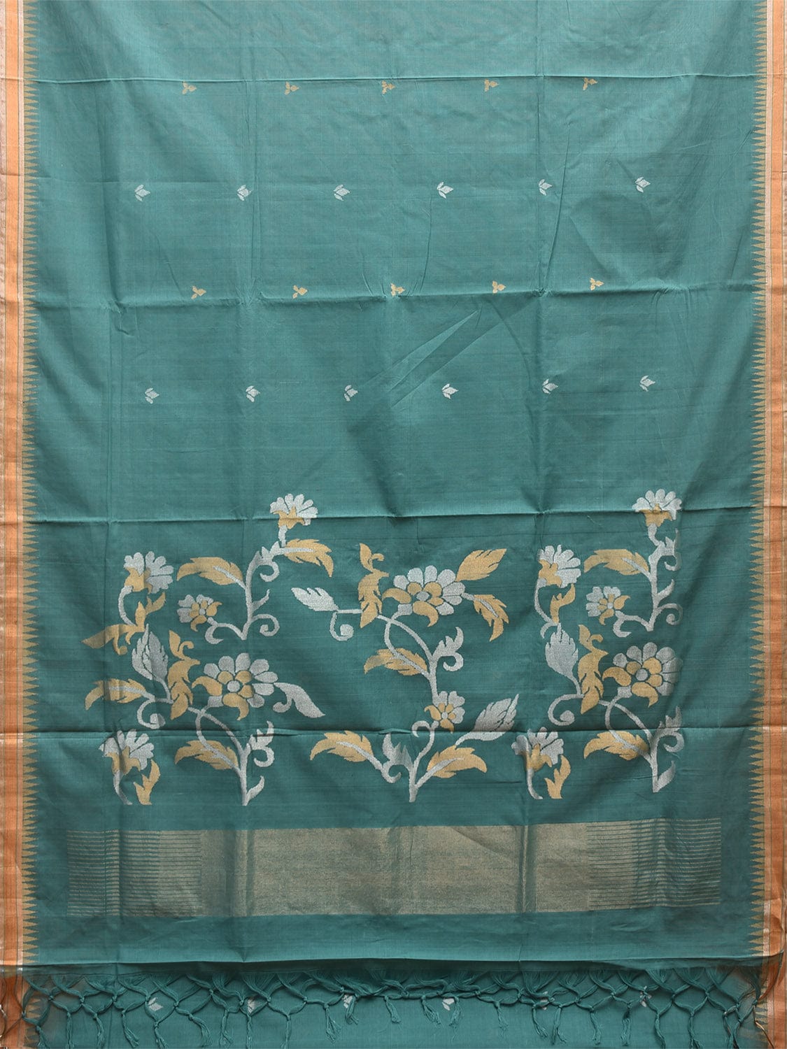 Turquoise Khadi Cotton Handloom Saree with Floral Pallu Design kh0691