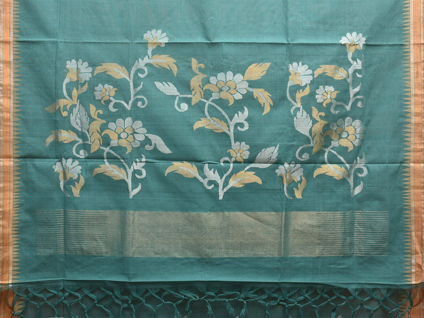 Turquoise Khadi Cotton Handloom Saree with Floral Pallu Design kh0691