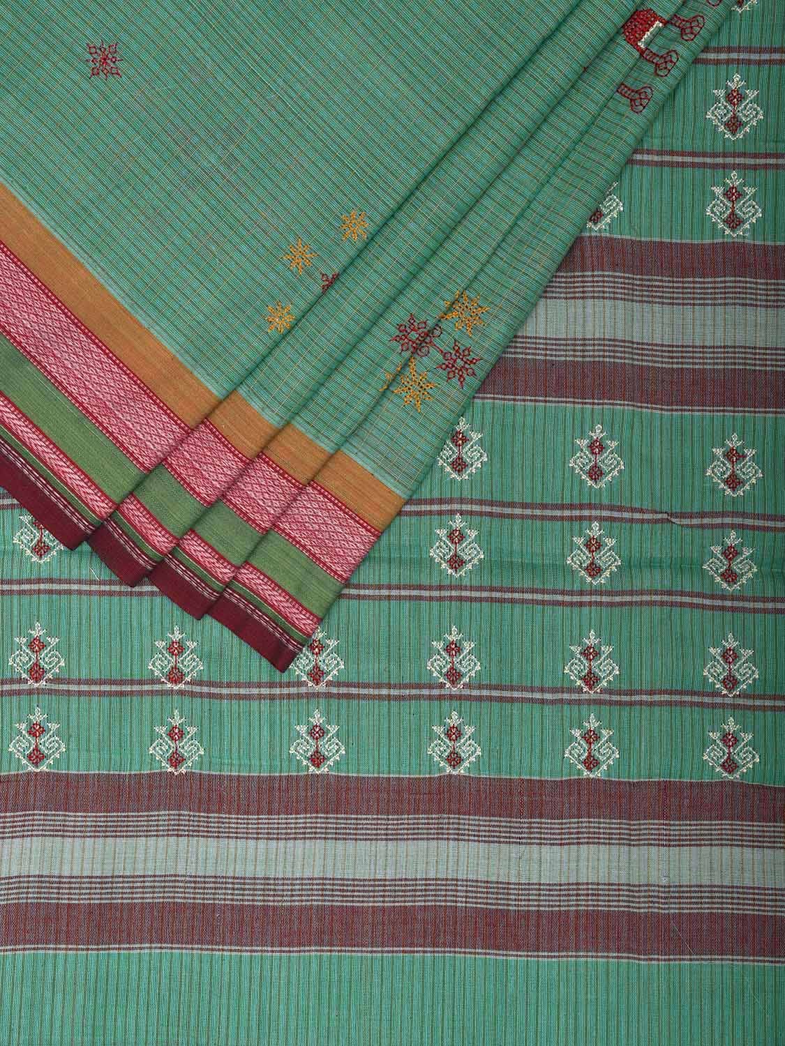 Turquoise Narayanpet Cotton Handloom Saree with Kasuti Work and Checks Design o0649