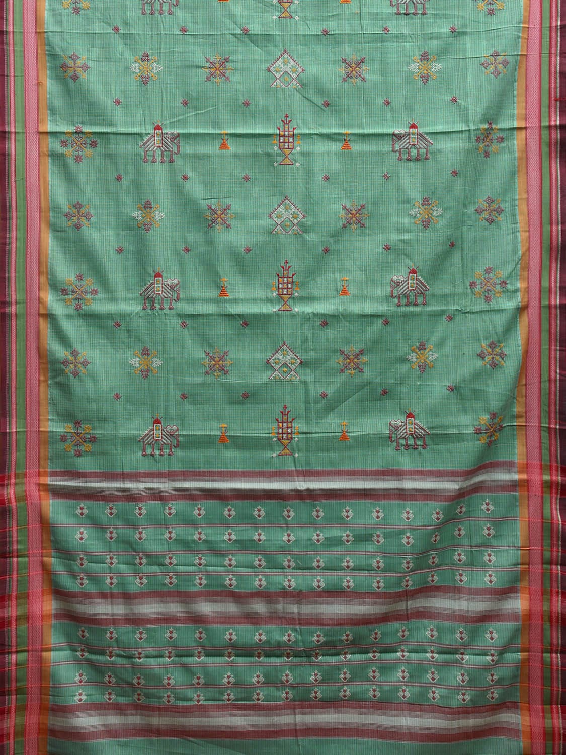 Turquoise Narayanpet Cotton Handloom Saree with Kasuti Work and Checks Design o0649