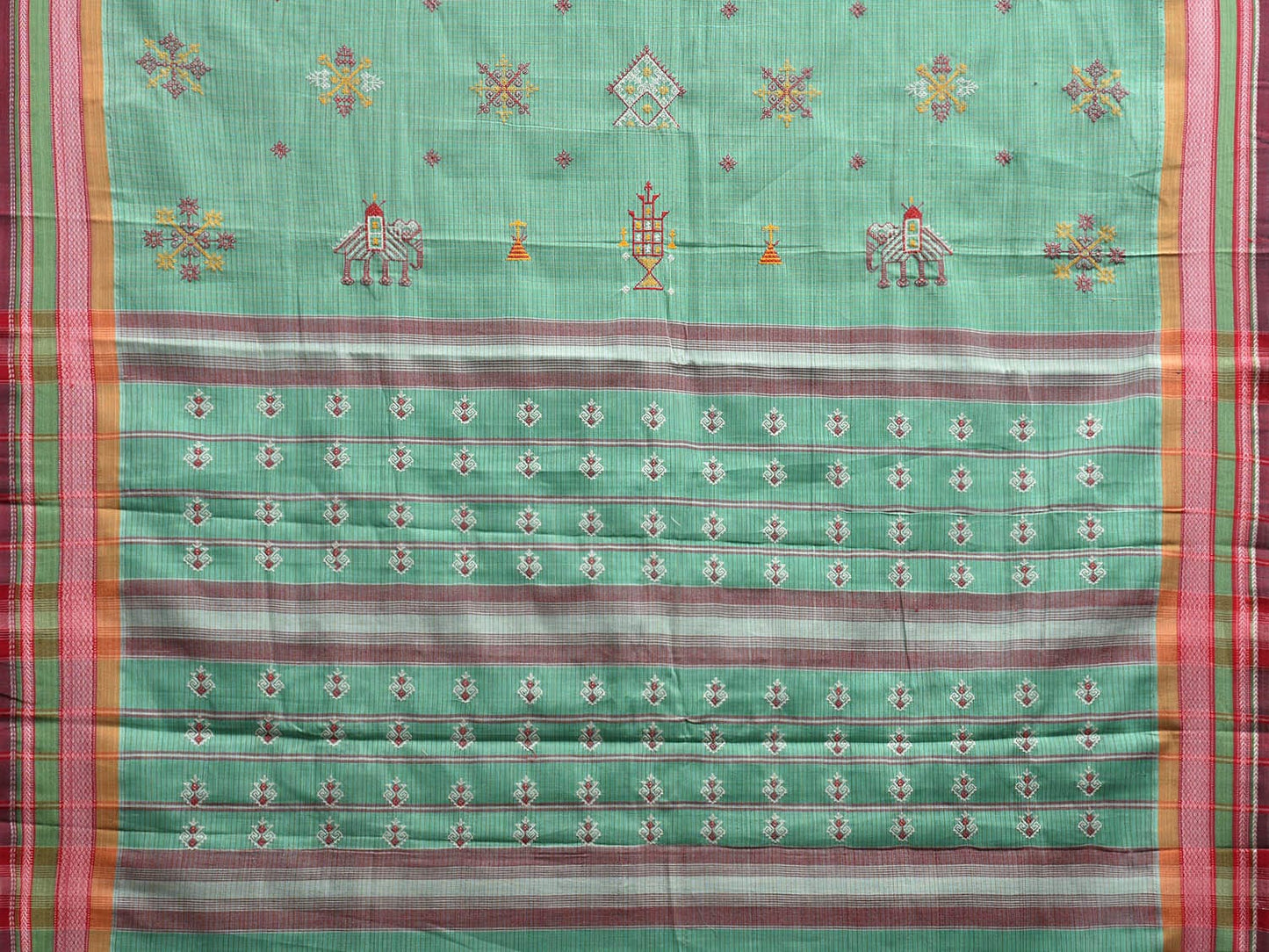 Turquoise Narayanpet Cotton Handloom Saree with Kasuti Work and Checks Design o0649