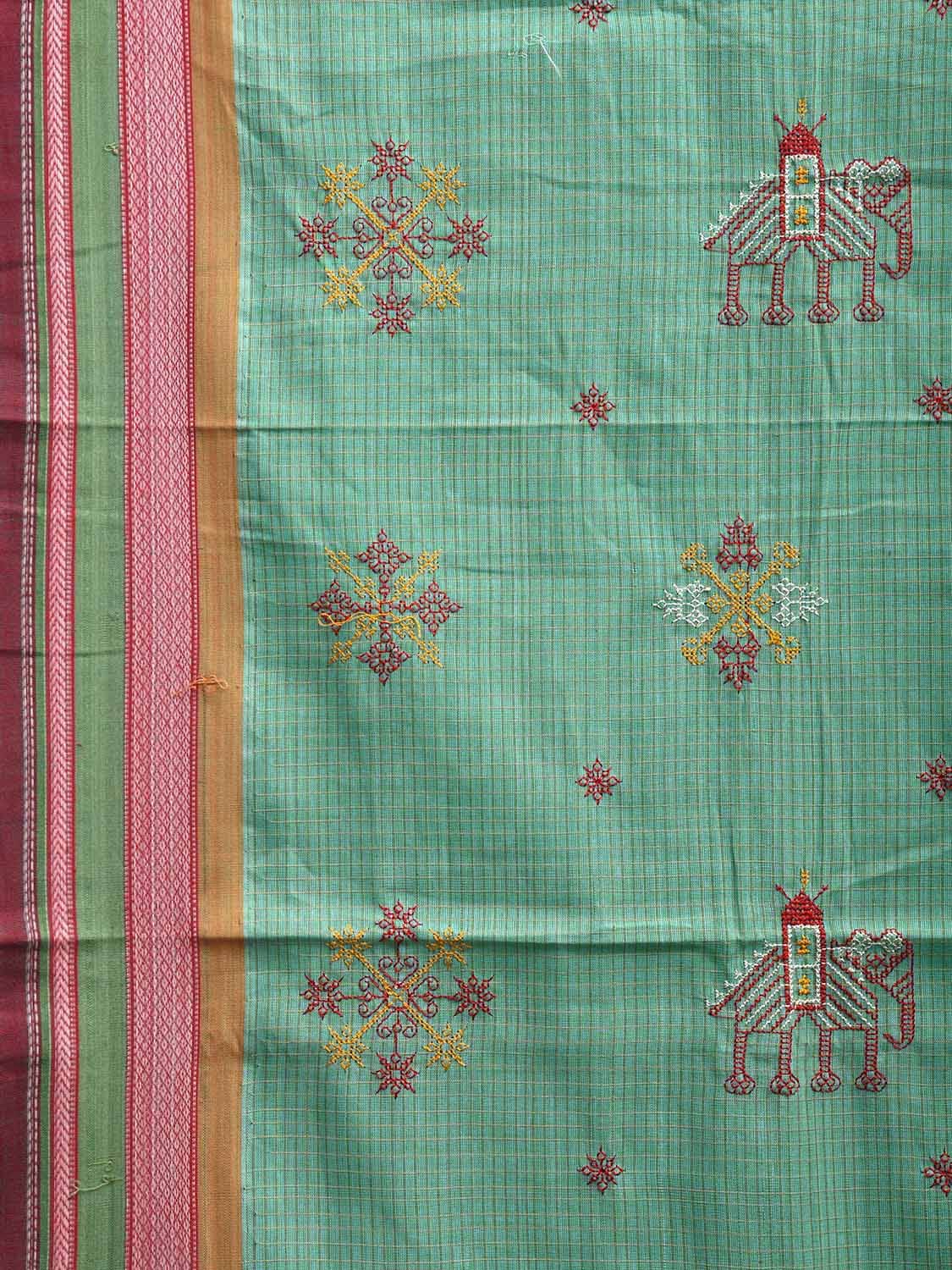 Turquoise Narayanpet Cotton Handloom Saree with Kasuti Work and Checks Design o0649