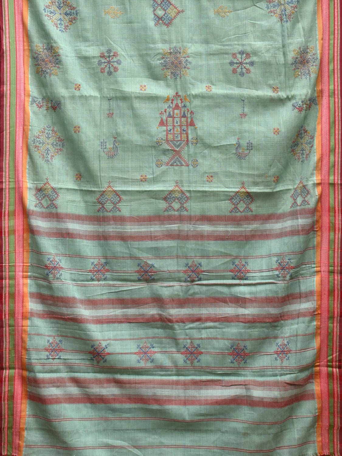 Turquoise Narayanpet Cotton Handloom Saree with Kasuti Work Design o0455