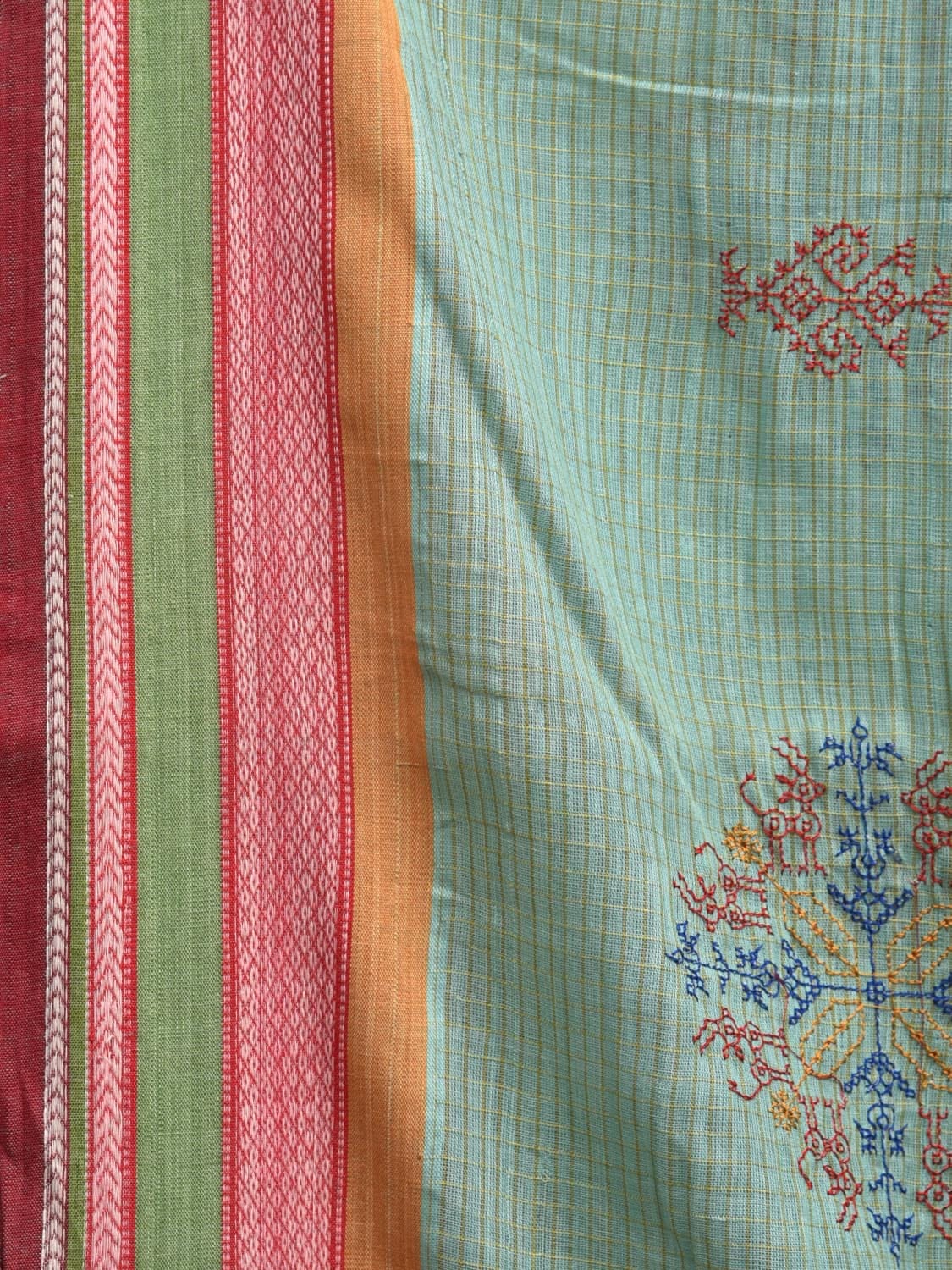 Turquoise Narayanpet Cotton Handloom Saree with Kasuti Work Design o0455