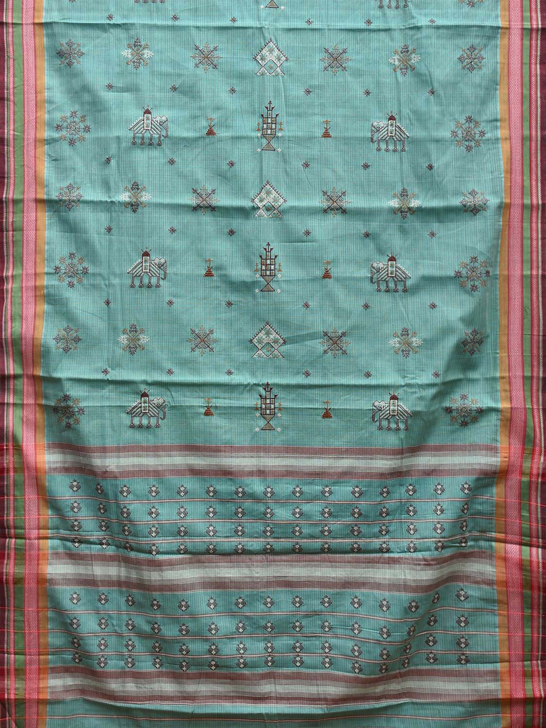 Turquoise Narayanpet Cotton Handloom Saree with Kasuti Work Design o0584