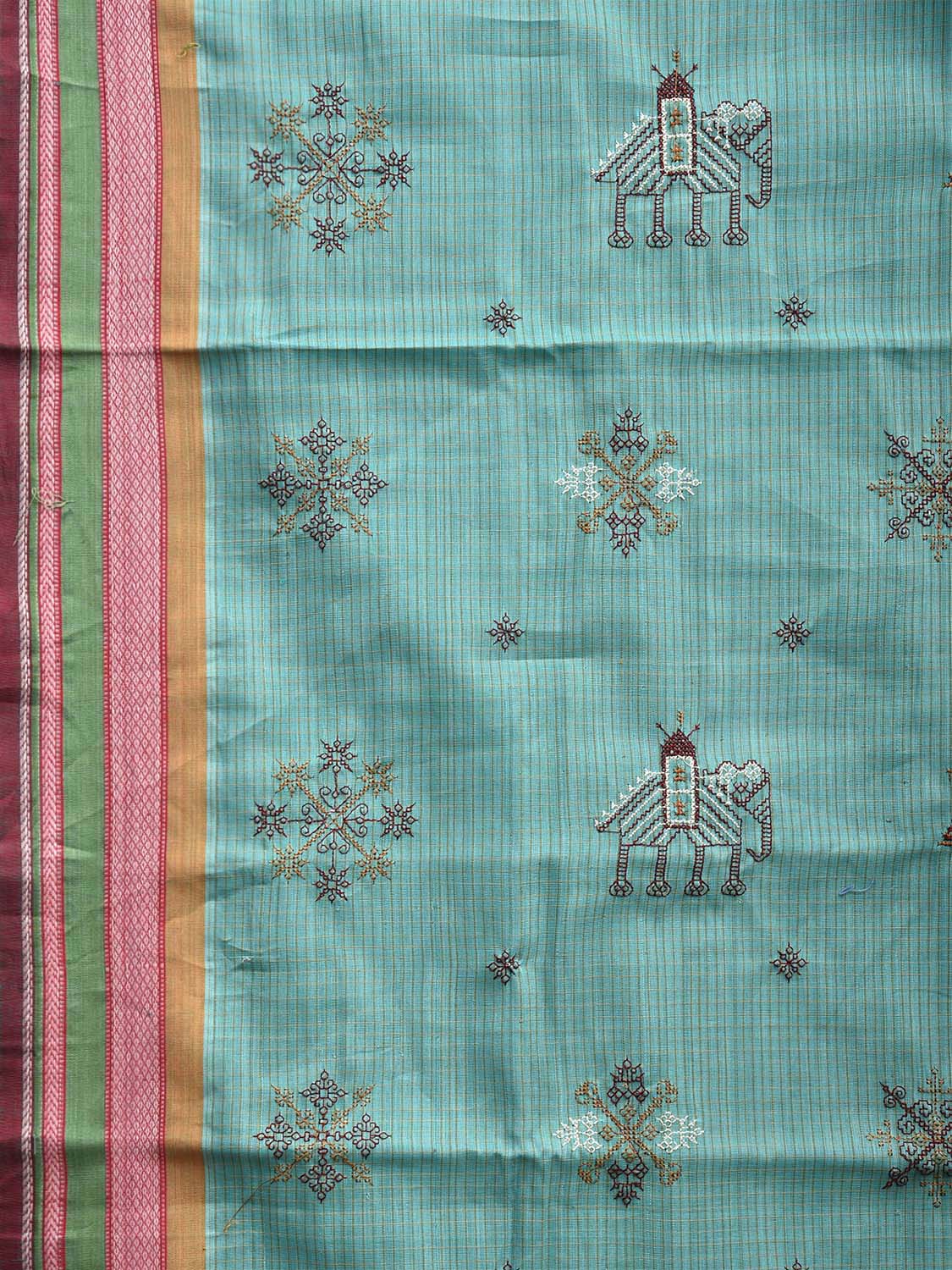 Turquoise Narayanpet Cotton Handloom Saree with Kasuti Work Design o0584