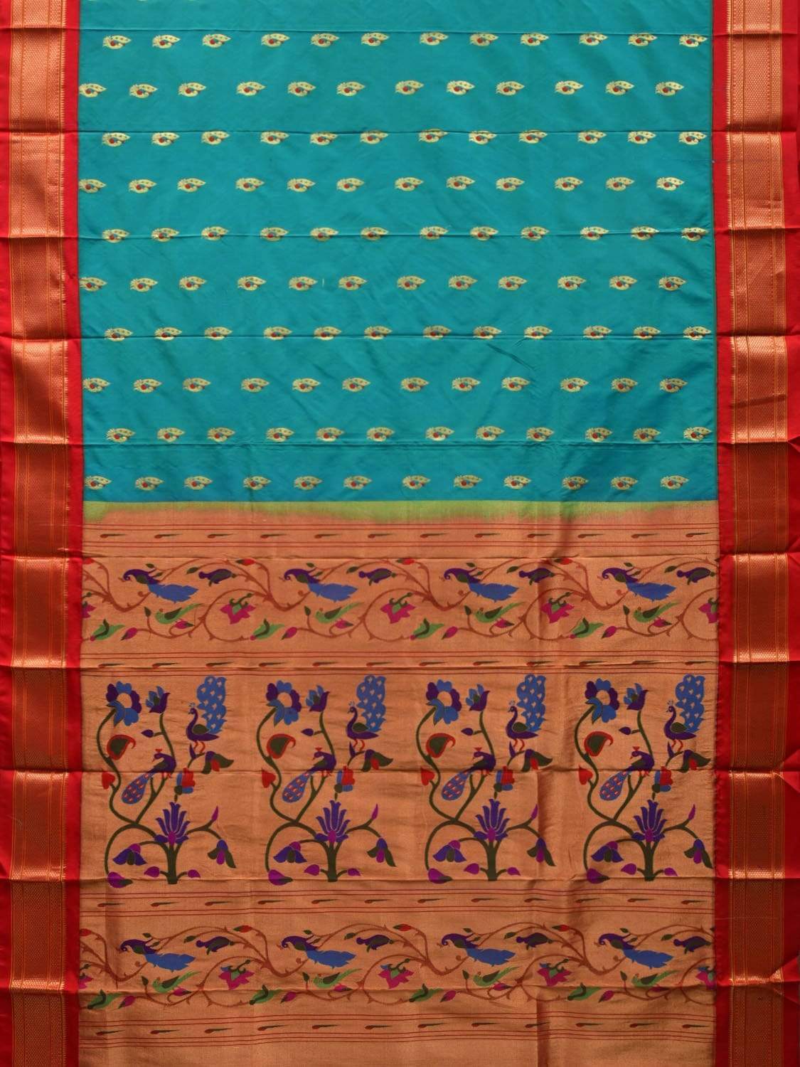 Turquoise Paithani Silk Handloom Saree with Peacocks Pallu Design p0383