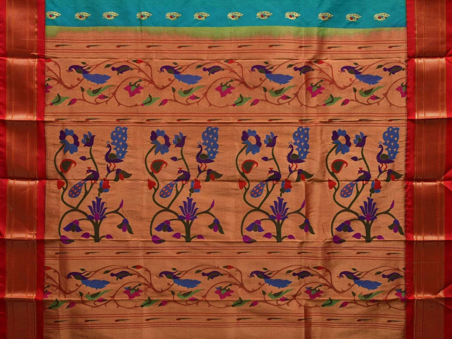 Turquoise Paithani Silk Handloom Saree with Peacocks Pallu Design p0383