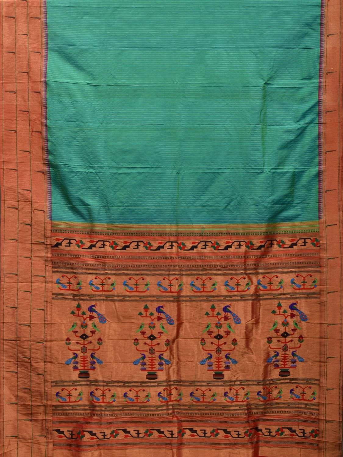 Turquoise Paithani Silk Saree with Strips and Triple Muniya Border Design p0393
