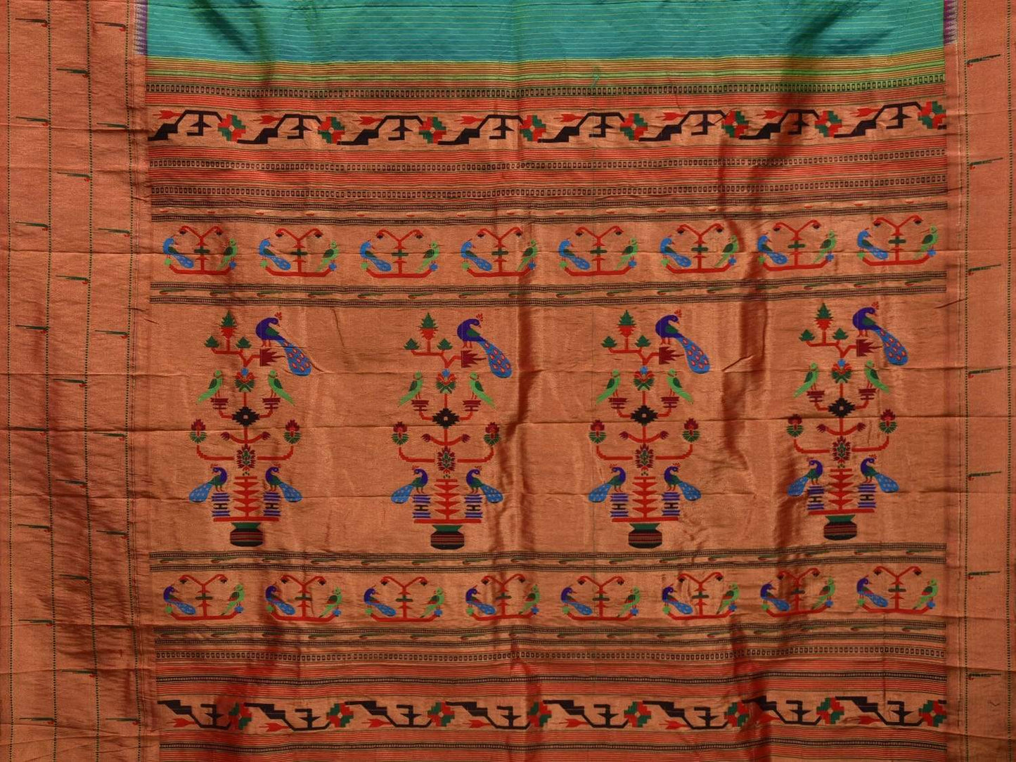 Turquoise Paithani Silk Saree with Strips and Triple Muniya Border Design p0393
