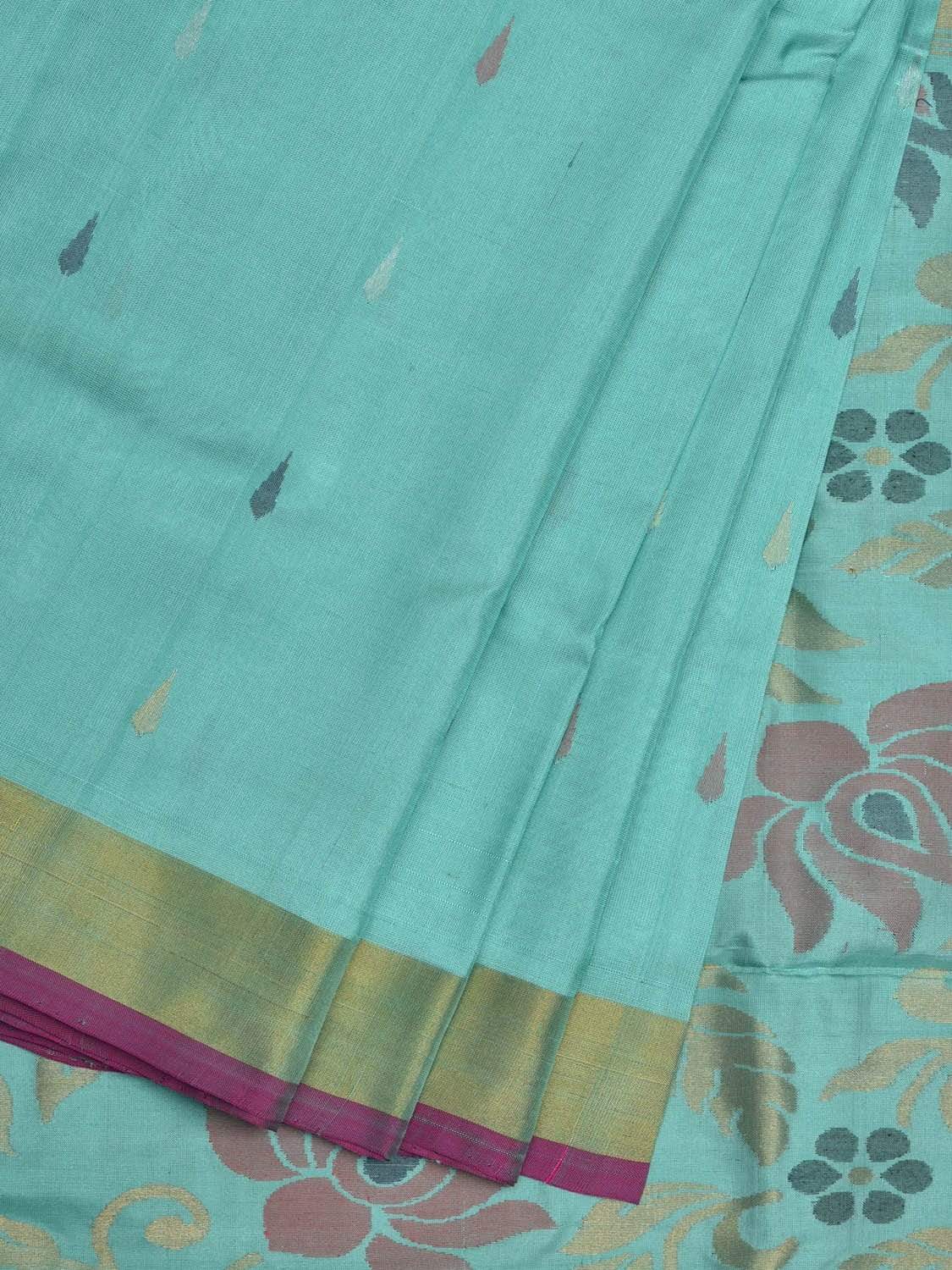 Turquoise Uppada Silk Handloom Saree with Lotus Flowers Pallu Design u1795