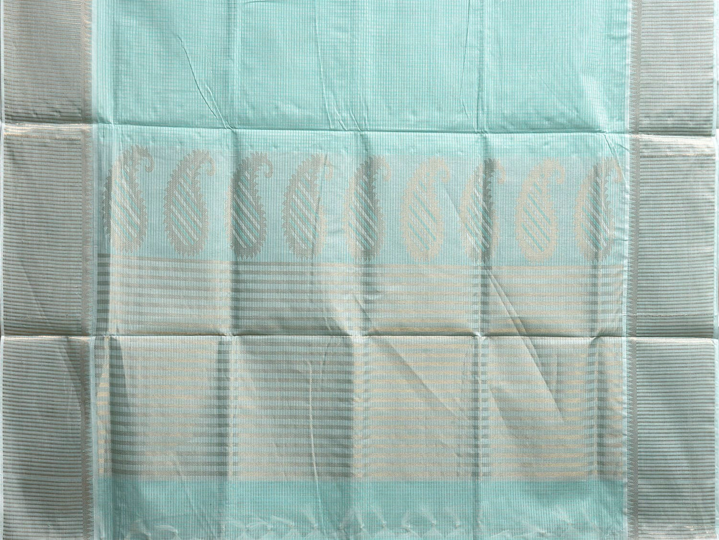Turquoise Venkatagiri Cotton Saree with Strips and Mango Pallu Design v0127