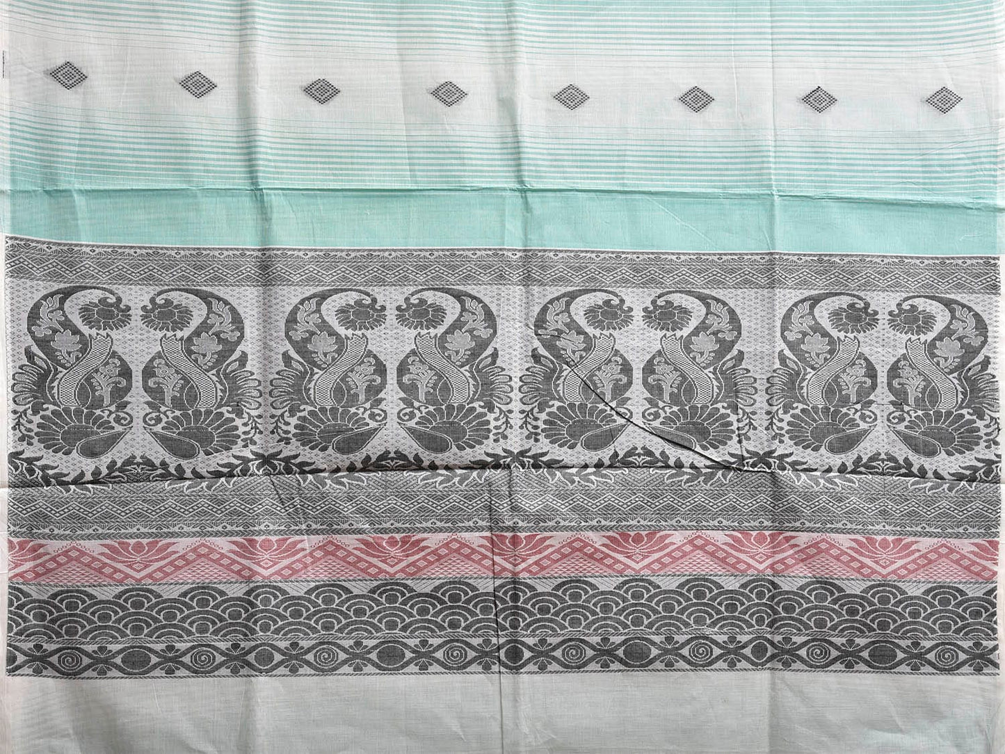 Turquoise Venkatagiri Cotton Saree with Strips Buta and Pallu Design v0143