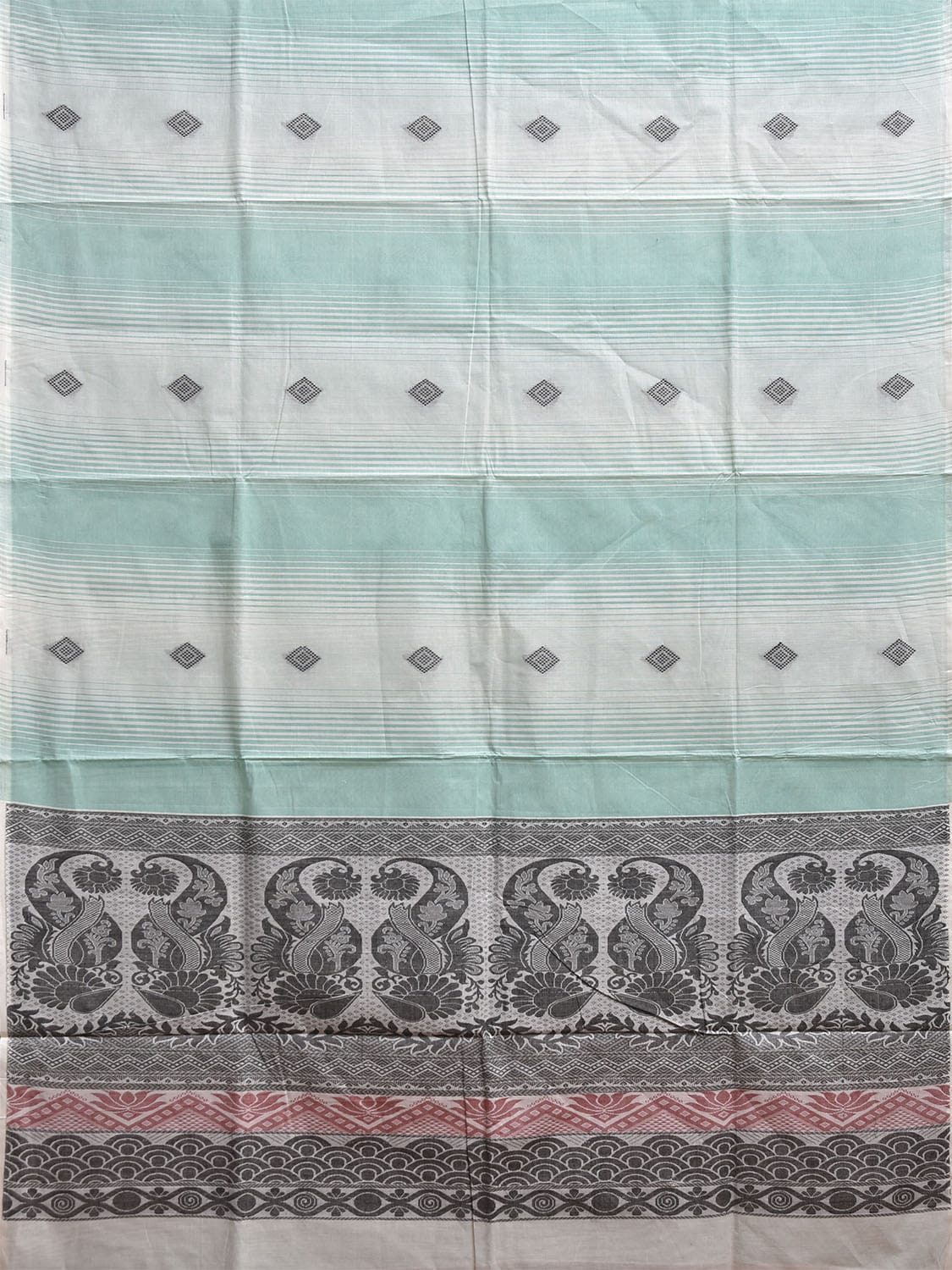 Turquoise Venkatagiri Cotton Saree with Strips Buta and Pallu Design v0143