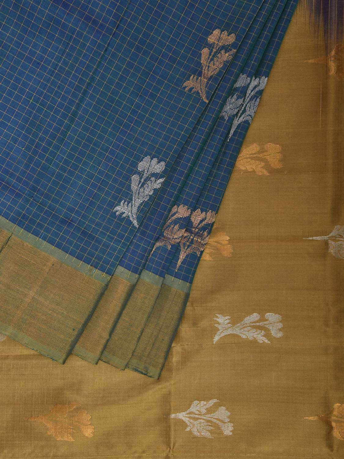 Teal and Light Olive Uppada Silk Handloom Saree with Checks and Buta Design u2392