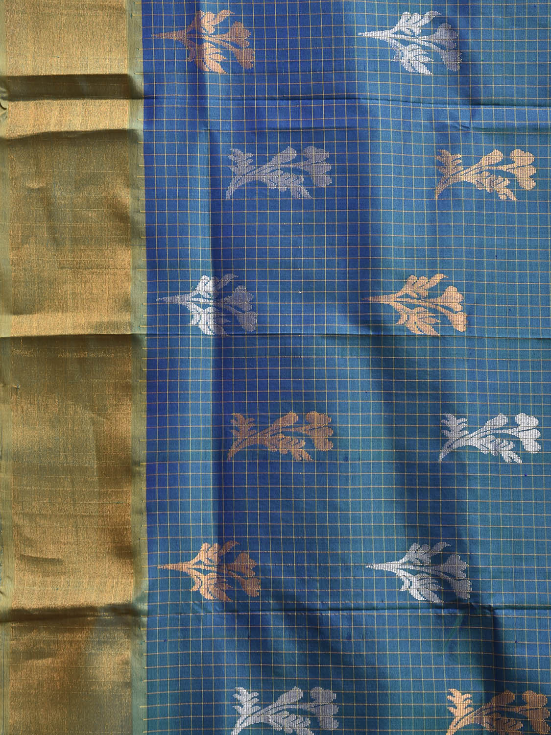Teal and Light Olive Uppada Silk Handloom Saree with Checks and Buta Design u2392
