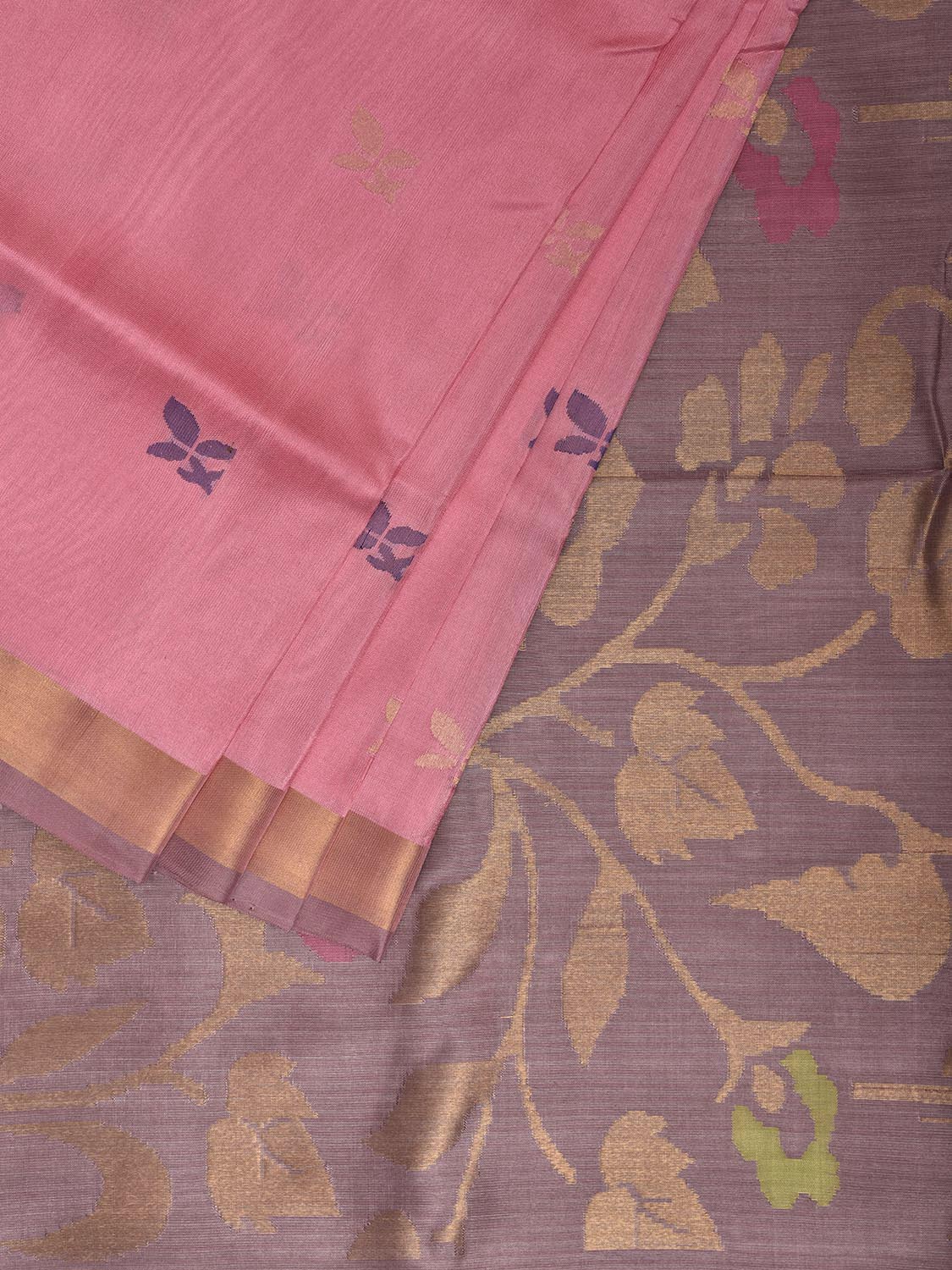 Baby Pink and Grey Uppada Silk Handloom Saree with Floral Pallu Design u2415