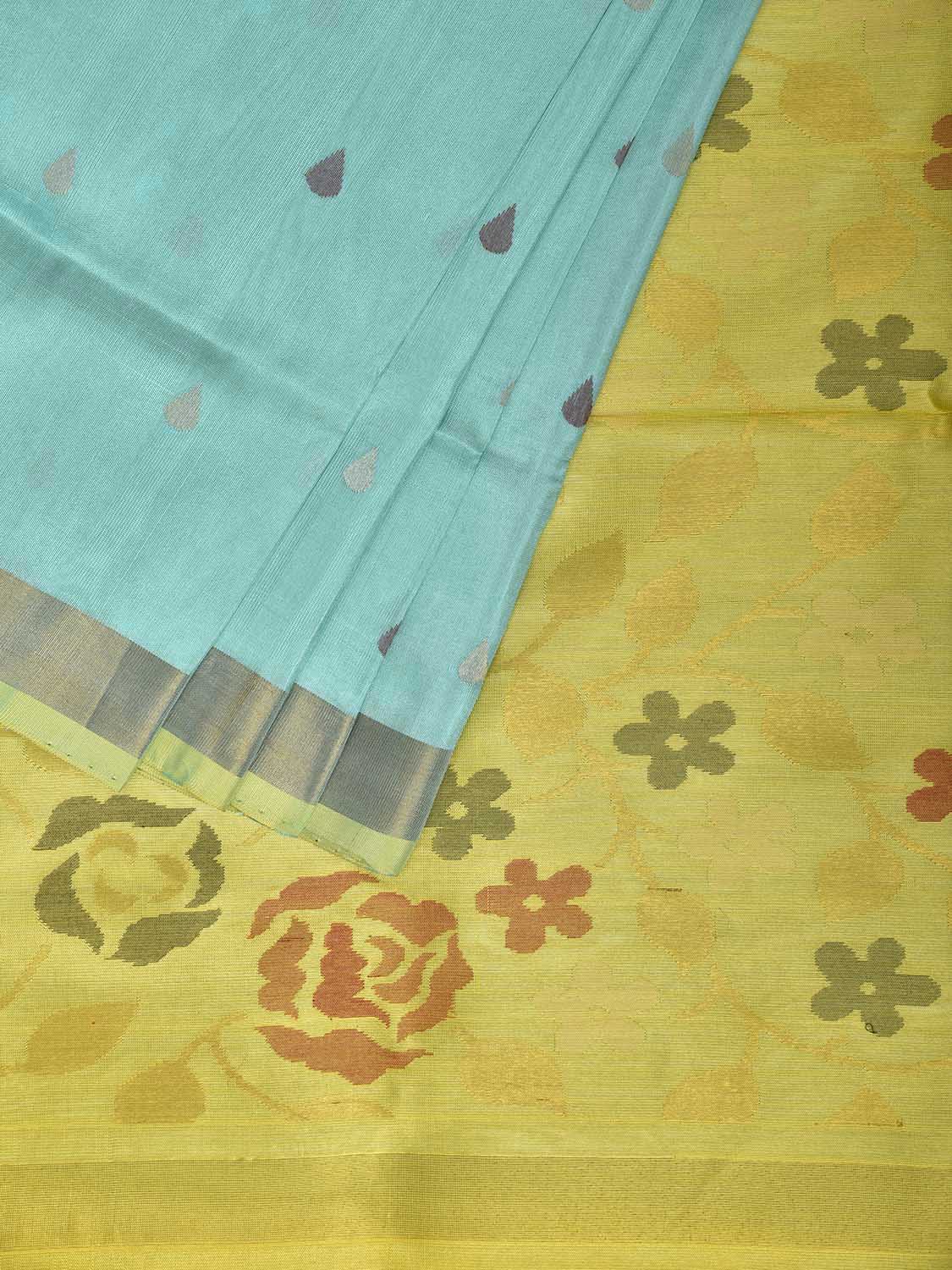 Turquoise and Yellow Uppada Silk Handloom Saree with Floral Pallu Design u2416