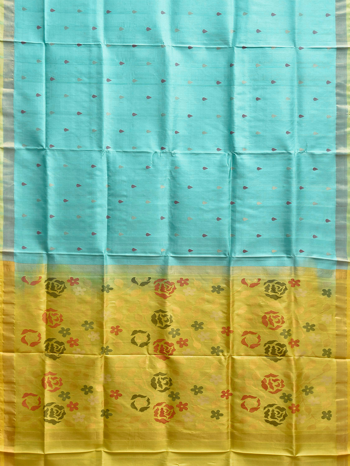 Turquoise and Yellow Uppada Silk Handloom Saree with Floral Pallu Design u2416