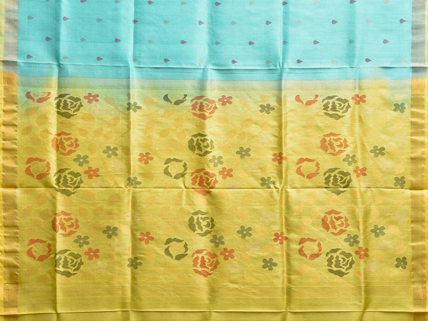 Turquoise and Yellow Uppada Silk Handloom Saree with Floral Pallu Design u2416