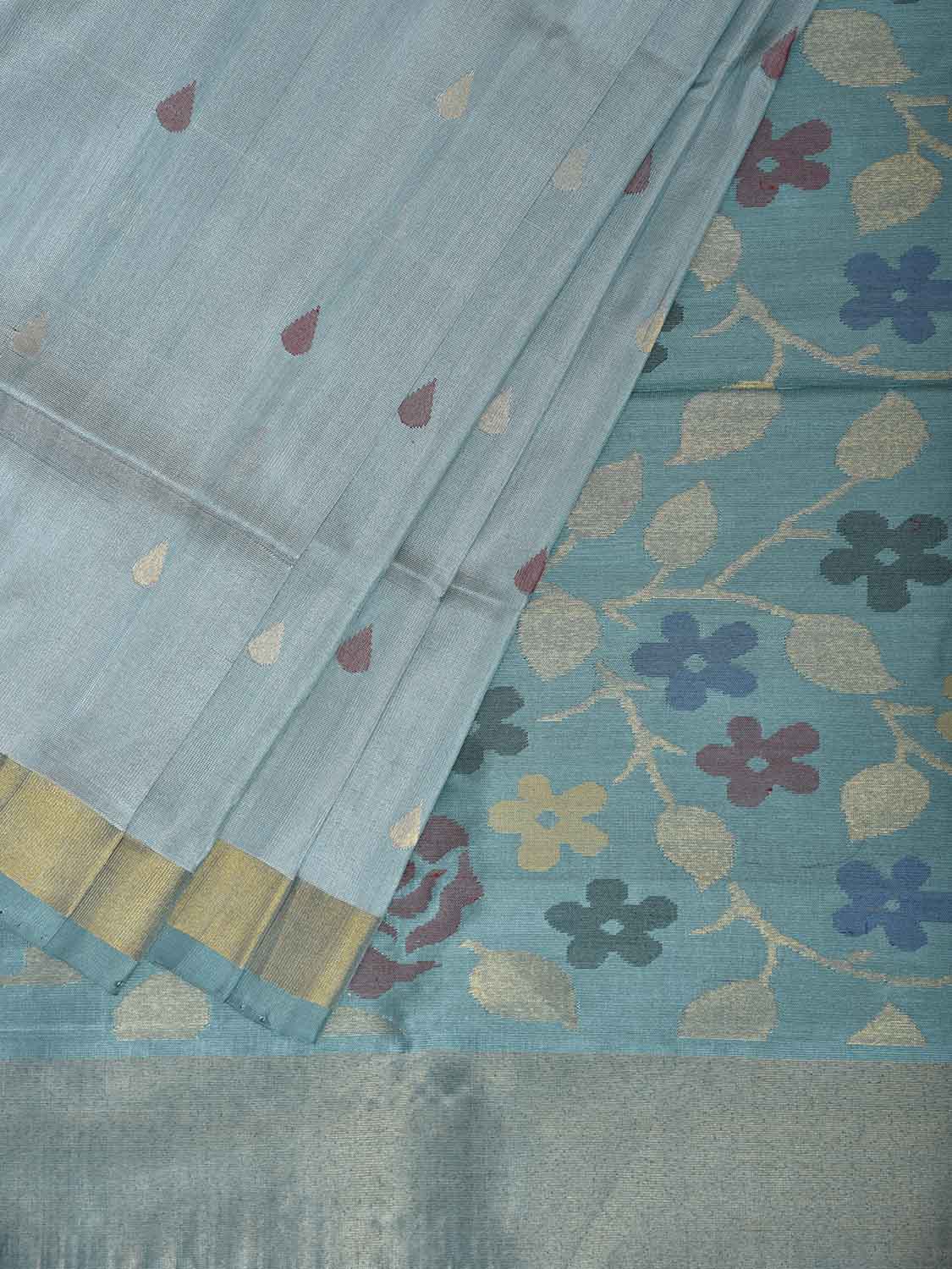 Sea Blue and Light Blue Uppada Silk Handloom Saree with Floral Pallu Design u2417