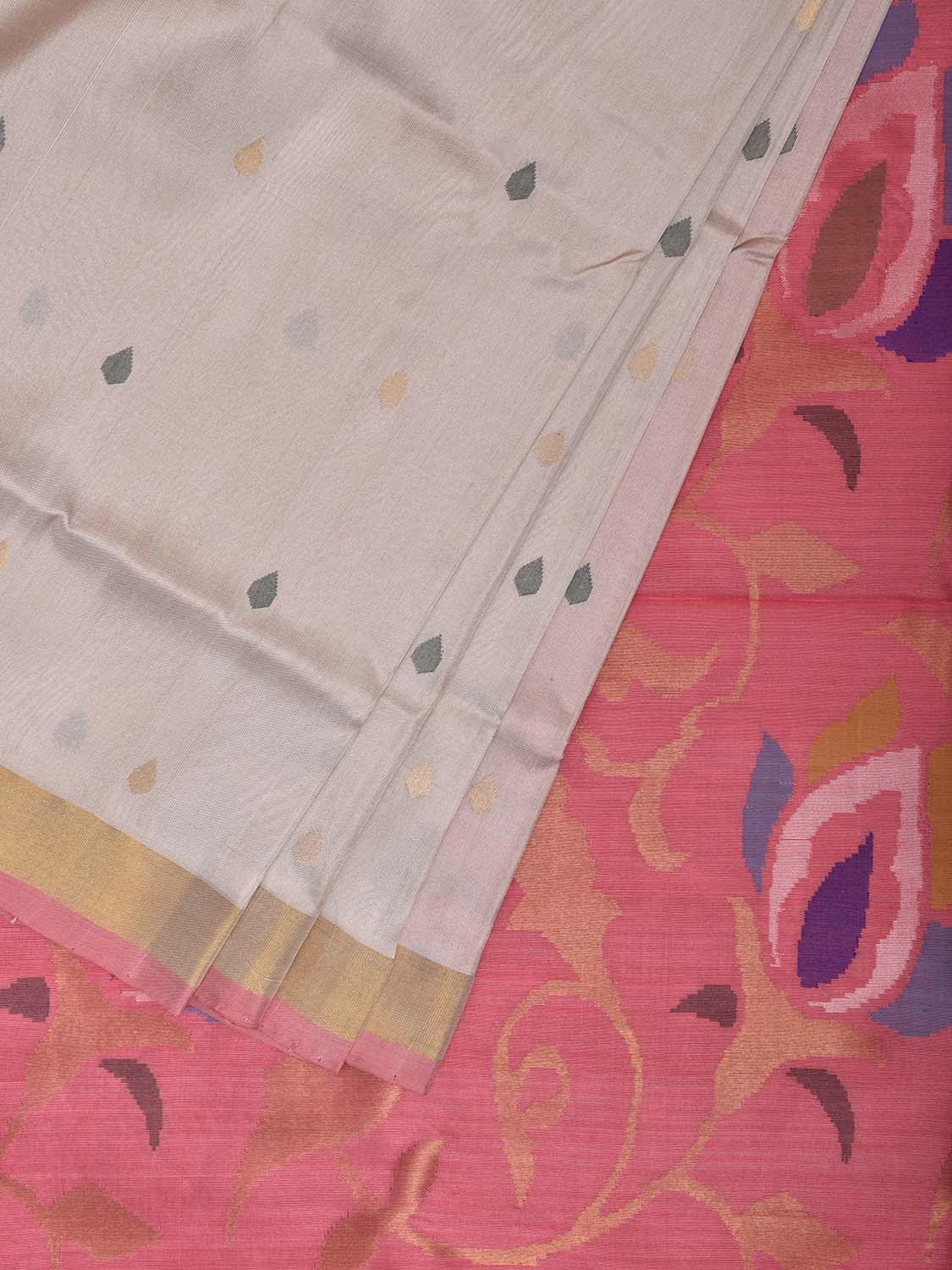 White and Baby Pink Uppada Silk Handloom Saree with Floral Pallu Design u2421