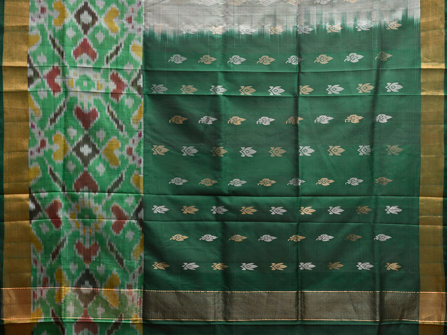 Beige and Dark Green Uppada Silk Handloom Saree with One Side Ikat Border Design u2430
