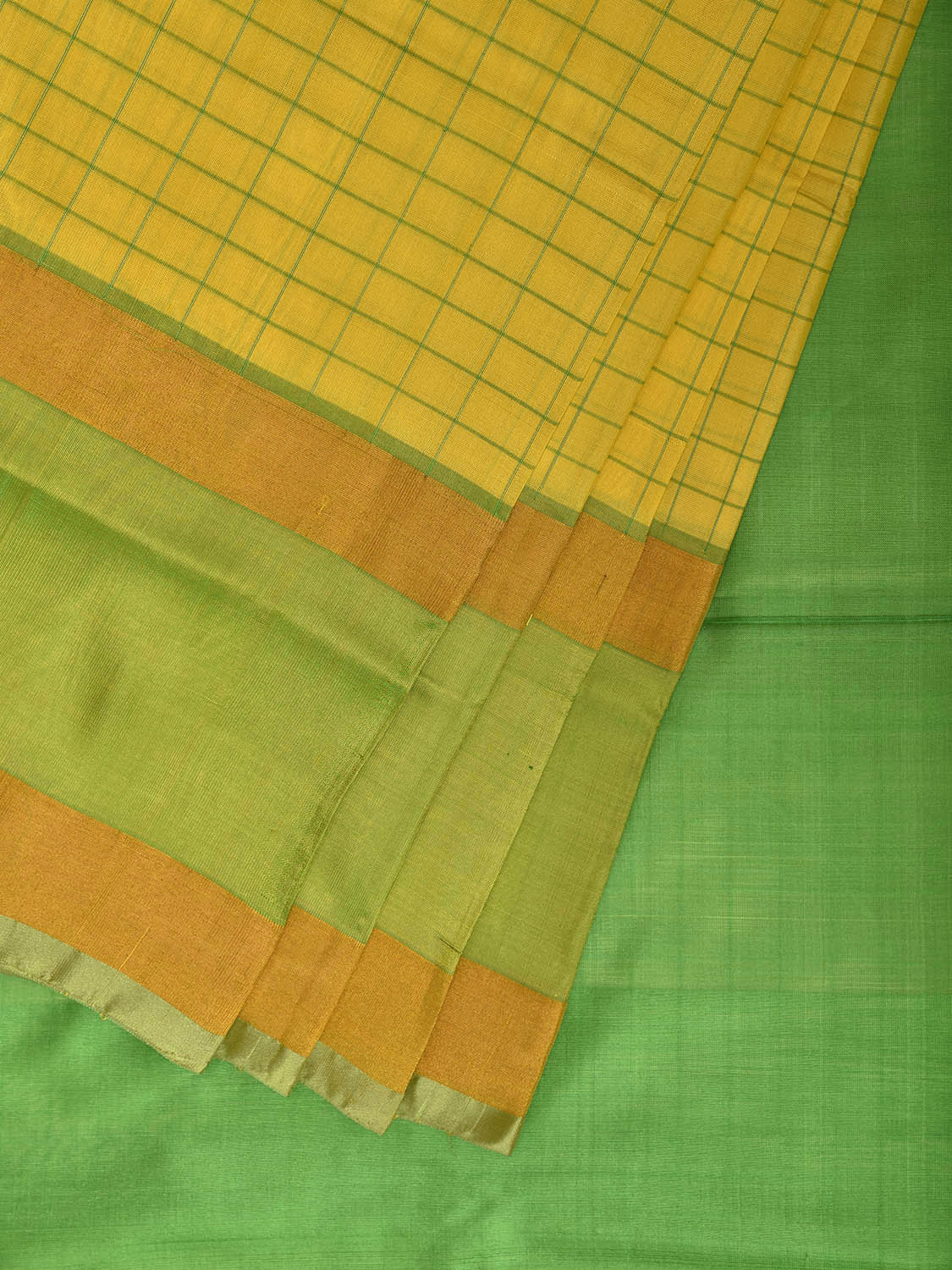 Yellow and Green Uppada Silk Handloom Saree with Checks Design u2437
