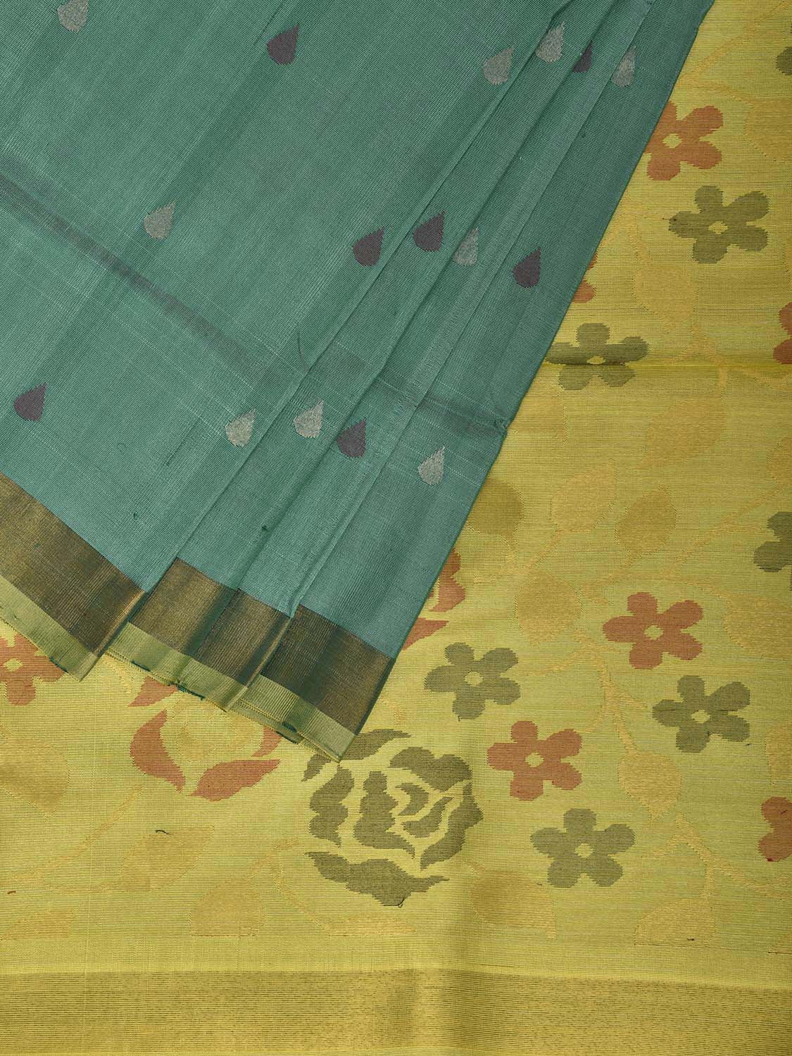 Turquoise and Yellow Uppada Silk Handloom Saree with Floral Pallu Design u2444