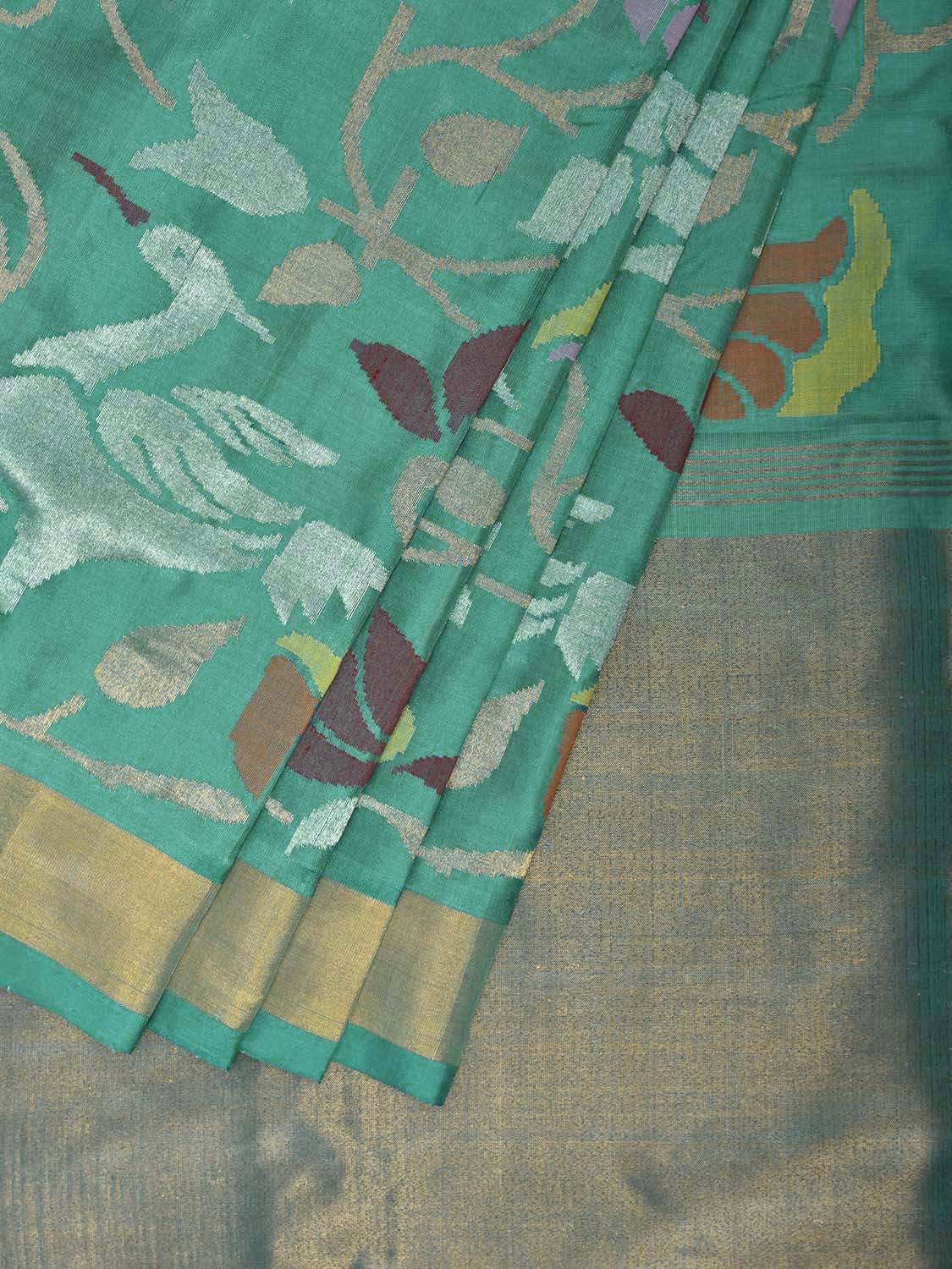 Turquoise Uppada Silk Handloom Saree with All Over Birds and Floral Design u2448