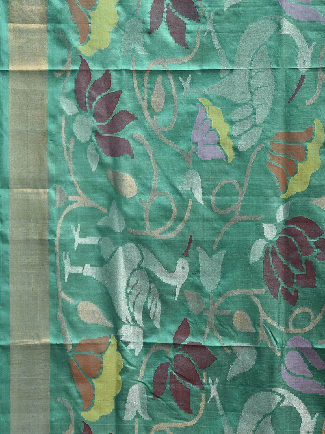 Turquoise Uppada Silk Handloom Saree with All Over Birds and Floral Design u2448