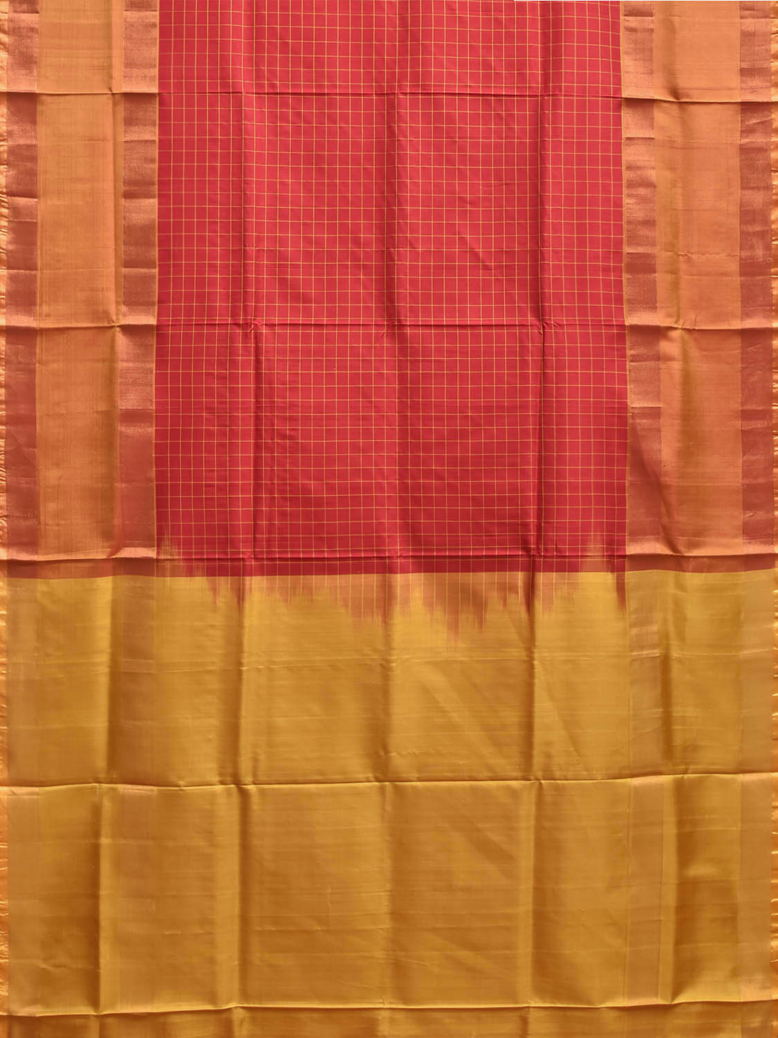 Red and Mustard Uppada Silk Handloom Saree with Checks and Contrast Pallu Design u2452