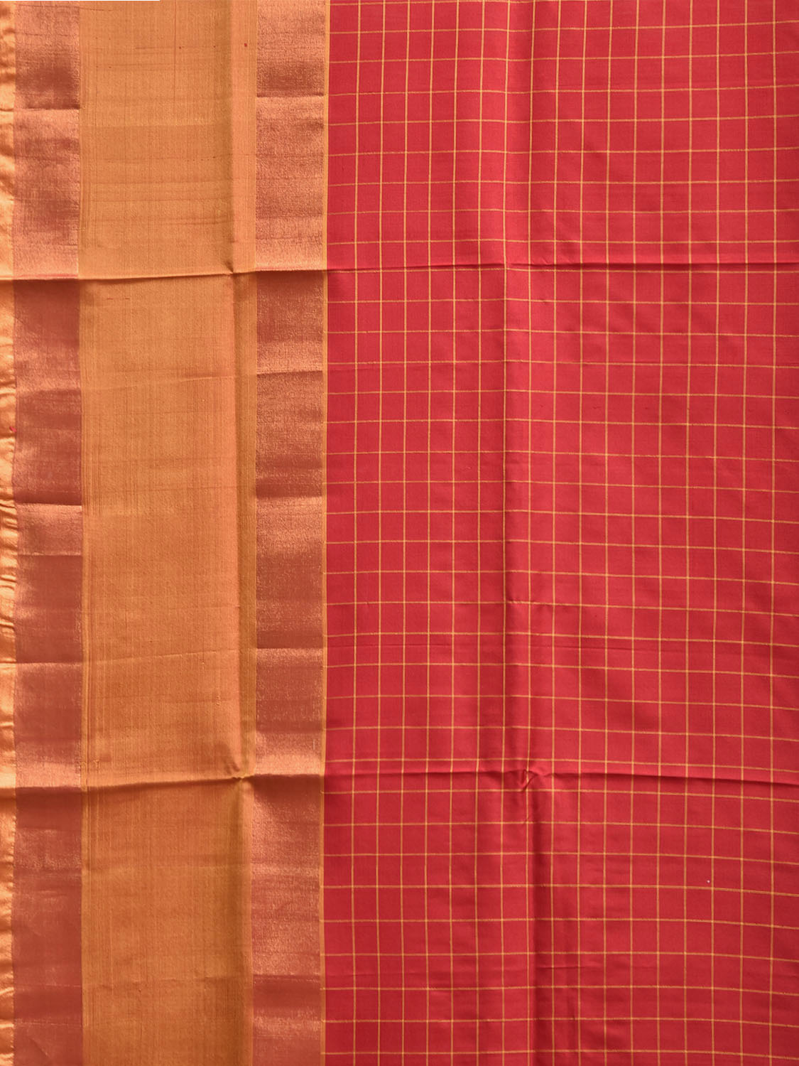 Red and Mustard Uppada Silk Handloom Saree with Checks and Contrast Pallu Design u2452