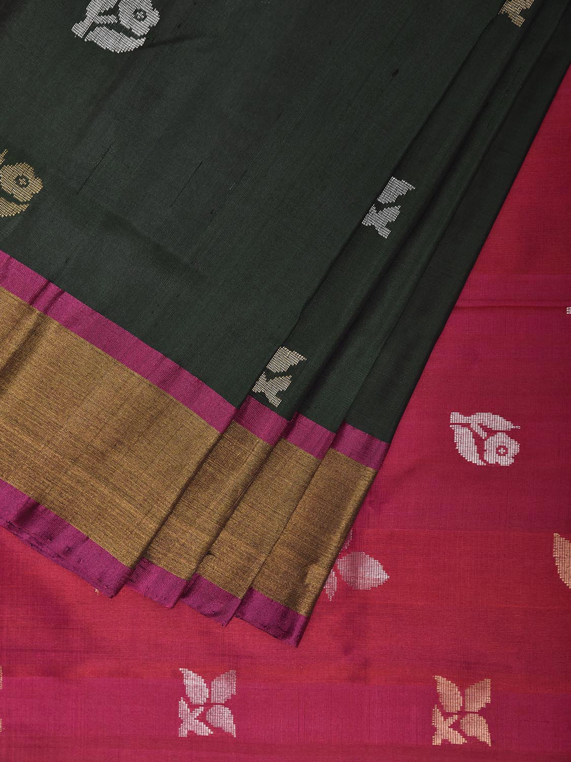 Dark Green and Pink Uppada Silk Handloom Saree with Body Buta Design u2462