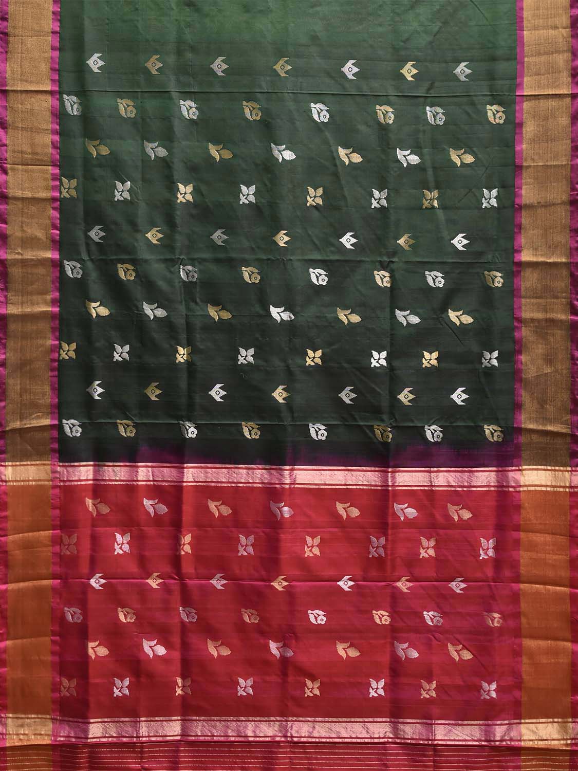 Dark Green and Pink Uppada Silk Handloom Saree with Body Buta Design u2462