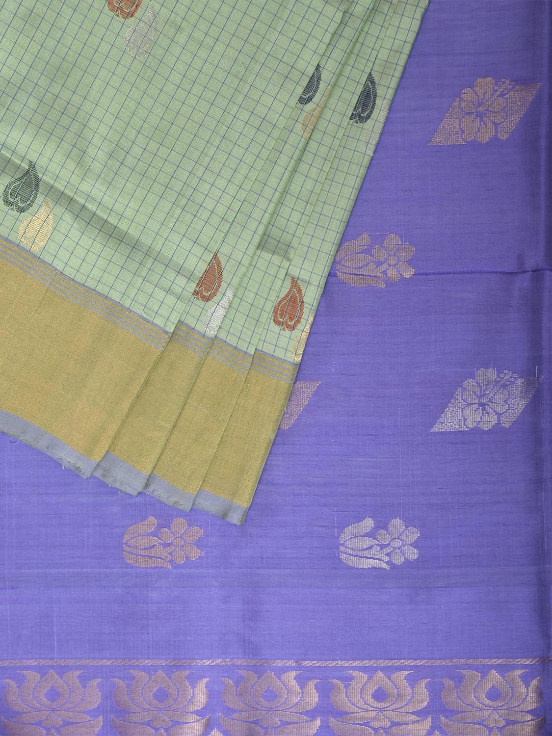 Turquoise and Lavender Uppada Silk Handloom Saree with Checks and Buta Design u2499