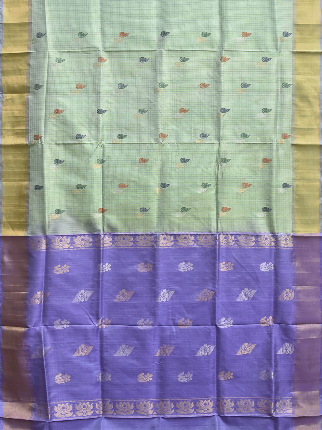 Turquoise and Lavender Uppada Silk Handloom Saree with Checks and Buta Design u2499
