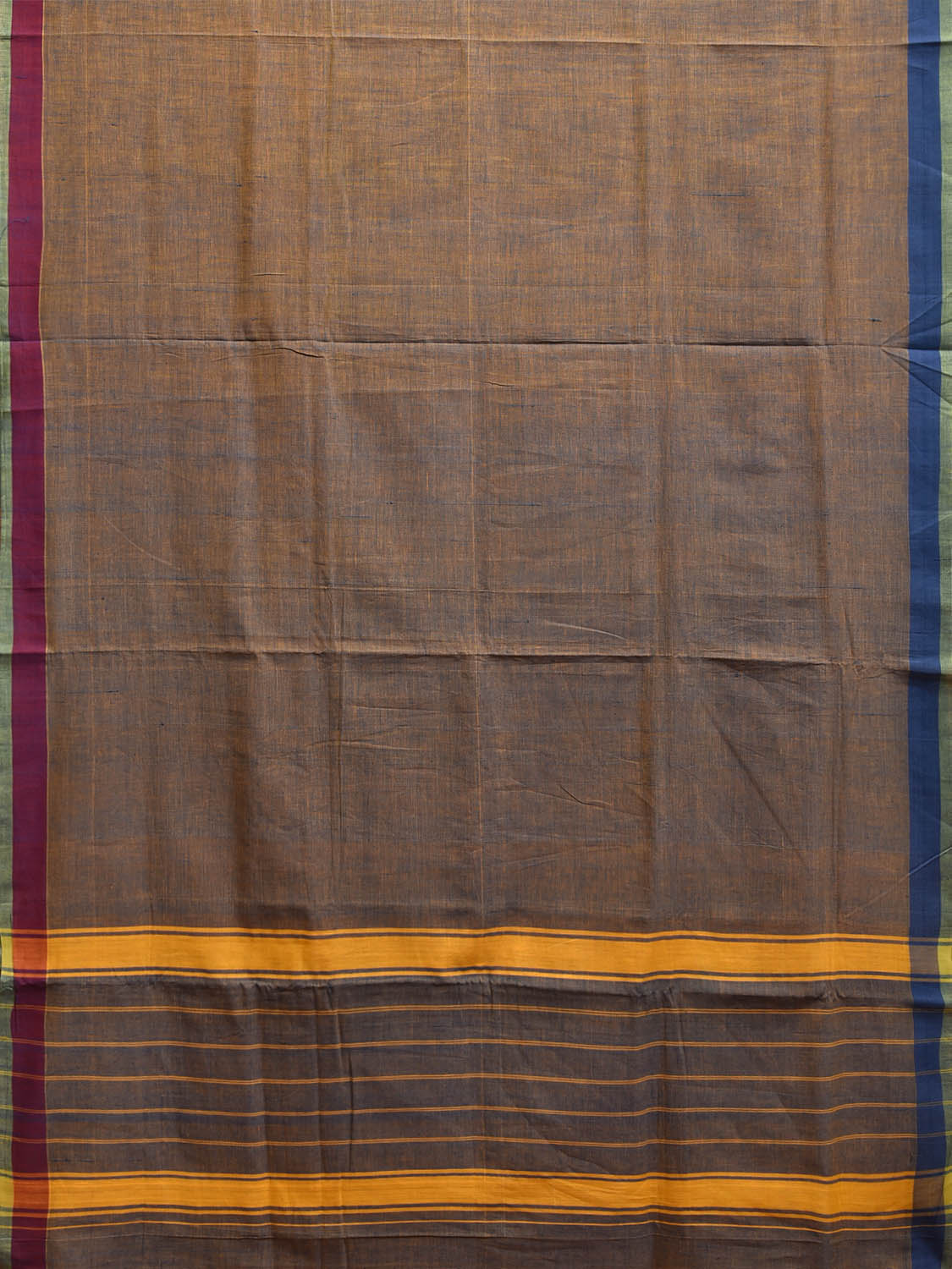 Yellow and Blue Venkatagiri Cotton Plain Saree with Strips Pallu and Ganga-Jamuna Border Design v0095