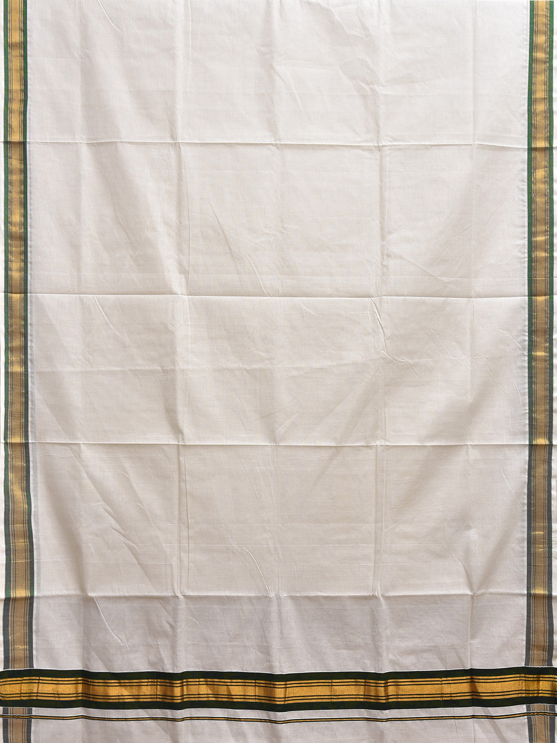 White and Dark Green Venkatagiri Cotton Plain Saree with Zari Border and Pallu Design v0168