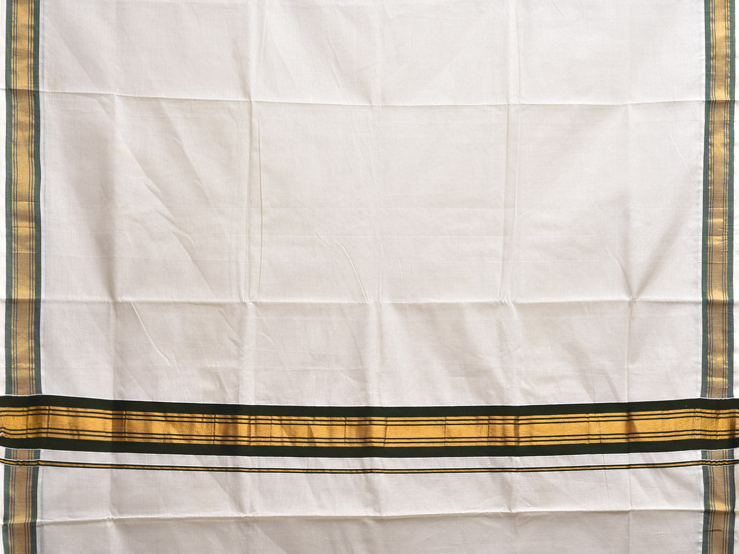 White and Dark Green Venkatagiri Cotton Plain Saree with Zari Border and Pallu Design v0168