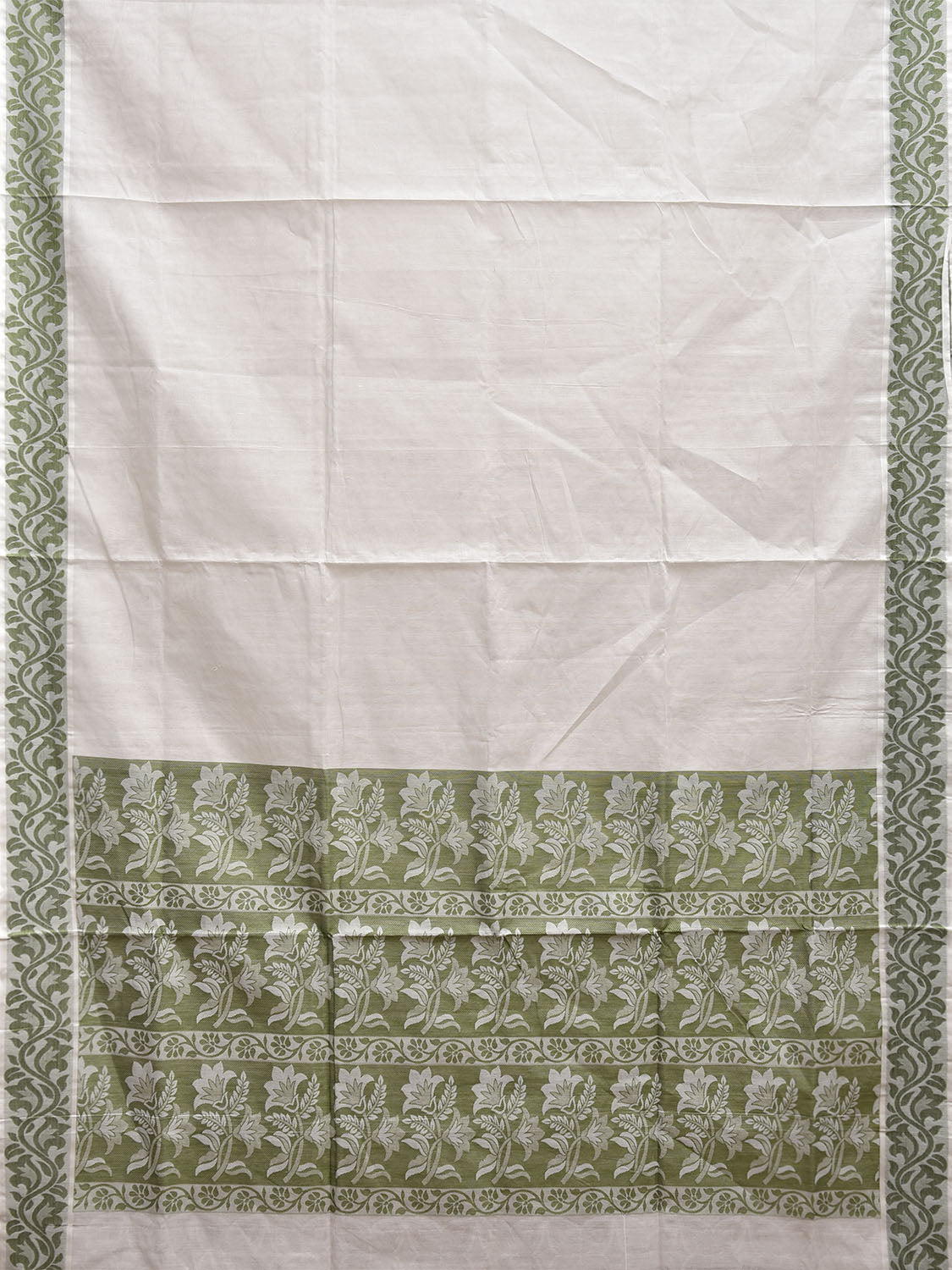 White and Green Venkatagiri Cotton Saree with Pallu and Border Design v0181