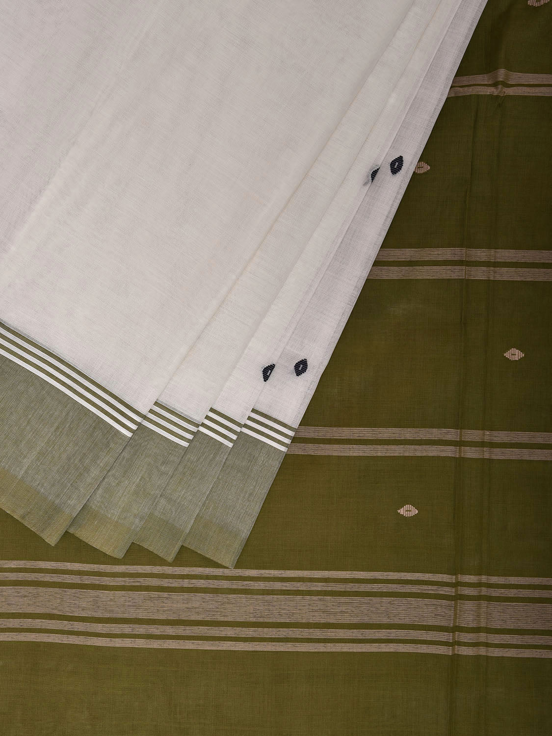 White and Olive Venkatagiri Cotton Saree with Small Buta and Strips Pallu Design v0189