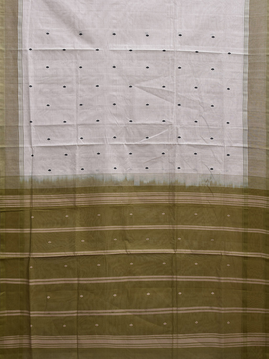 White and Olive Venkatagiri Cotton Saree with Small Buta and Strips Pallu Design v0189