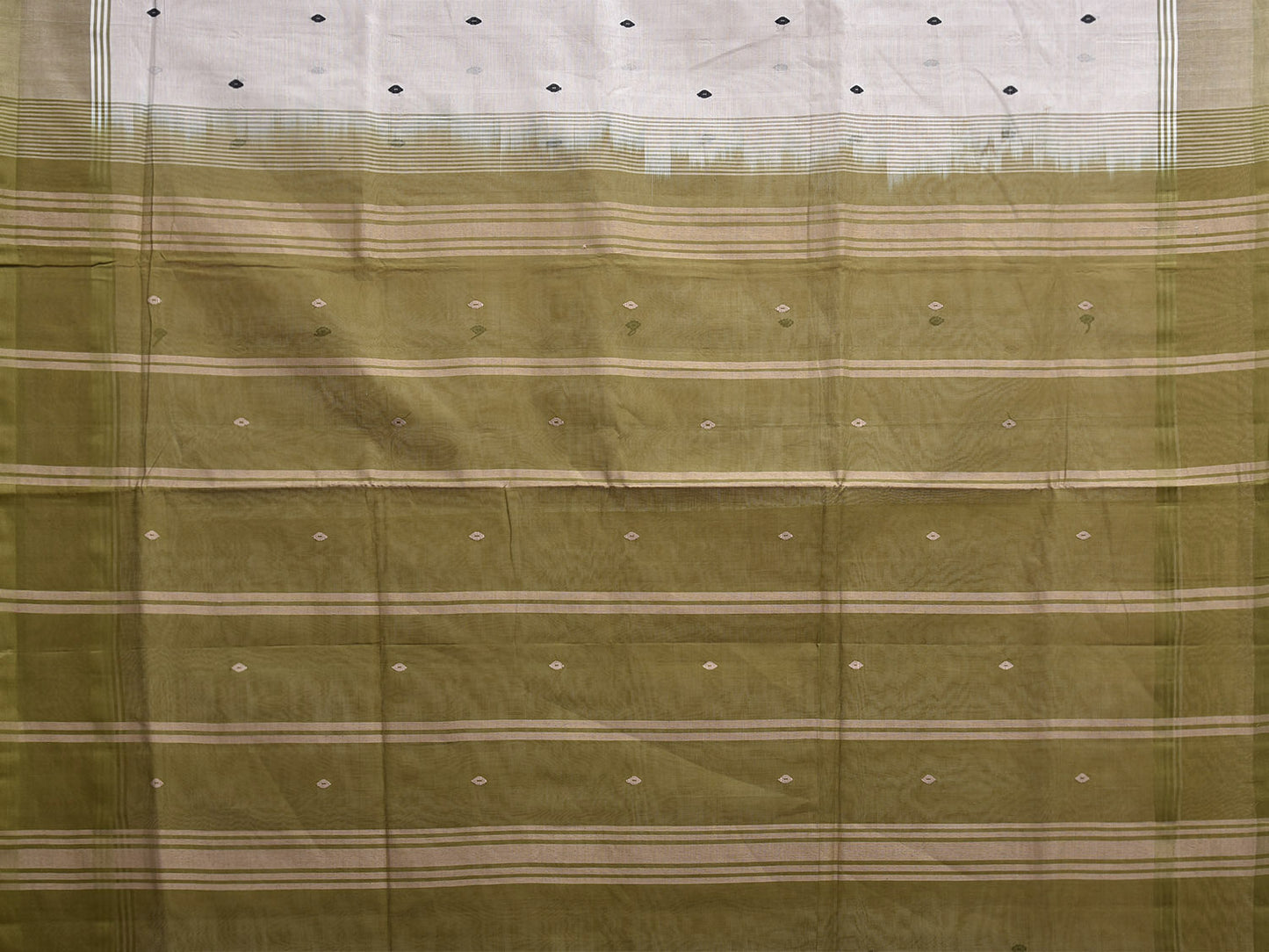 White and Olive Venkatagiri Cotton Saree with Small Buta and Strips Pallu Design v0189