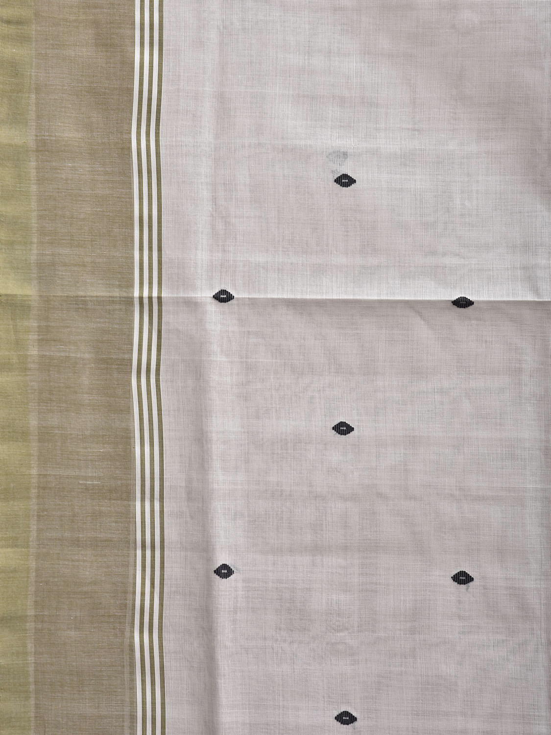White and Olive Venkatagiri Cotton Saree with Small Buta and Strips Pallu Design v0189