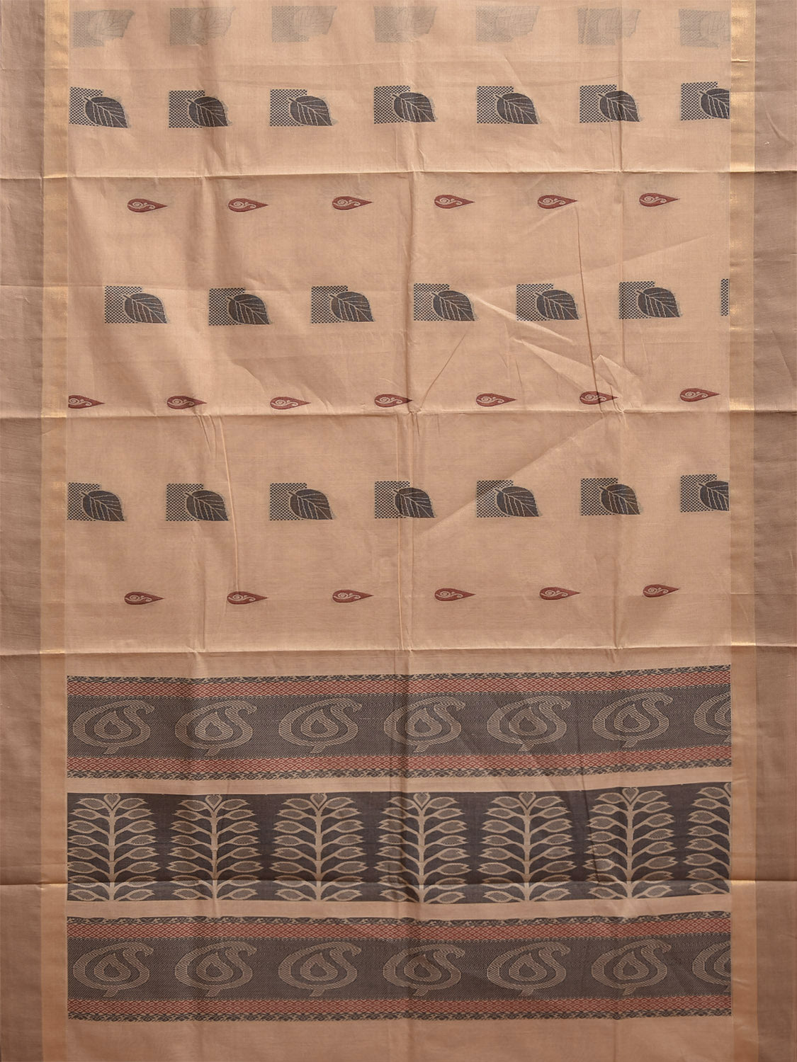 Cream and Black Venkatagiri Cotton Saree with Body Buta and Pallu Design v0210