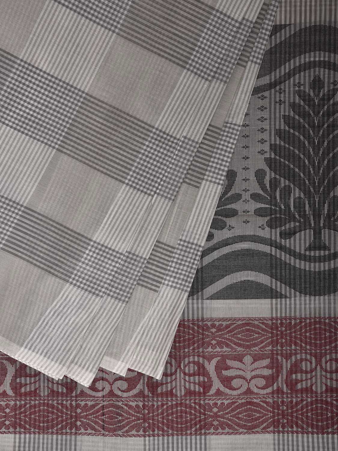 White and Light Grey Venkatagiri Cotton Saree with Checks and Temple Border Design v221